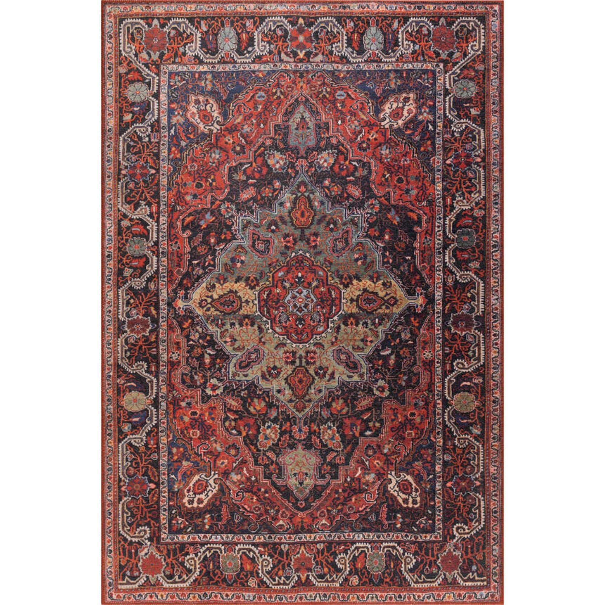 Digital Print Area Rug - Washable Non Slip Red Medallion Cotton Carpet for Living Room