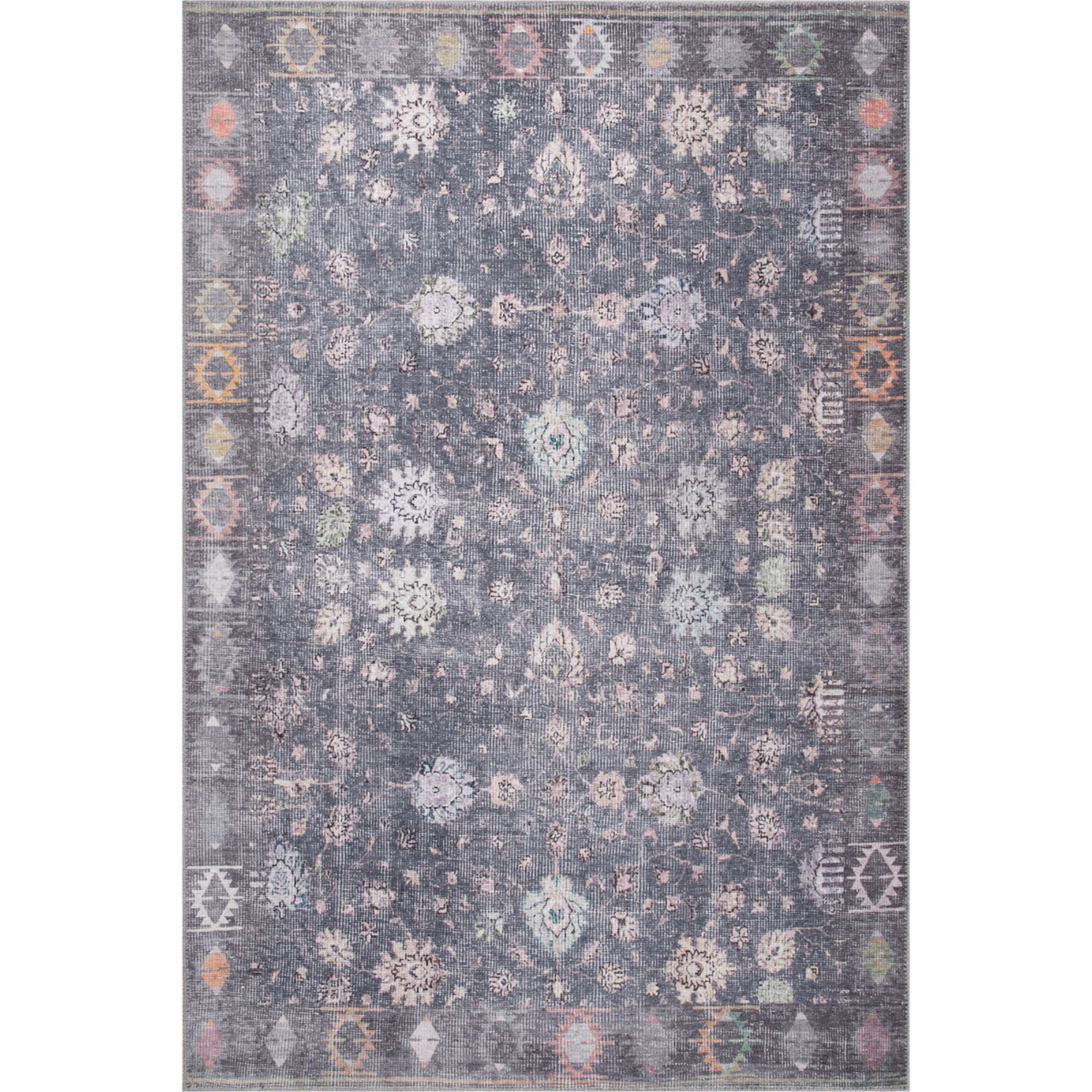Grey Floral Area Rug – Washable Non Slip Cotton Carpet | Soft Microfiber, Dust Resistant