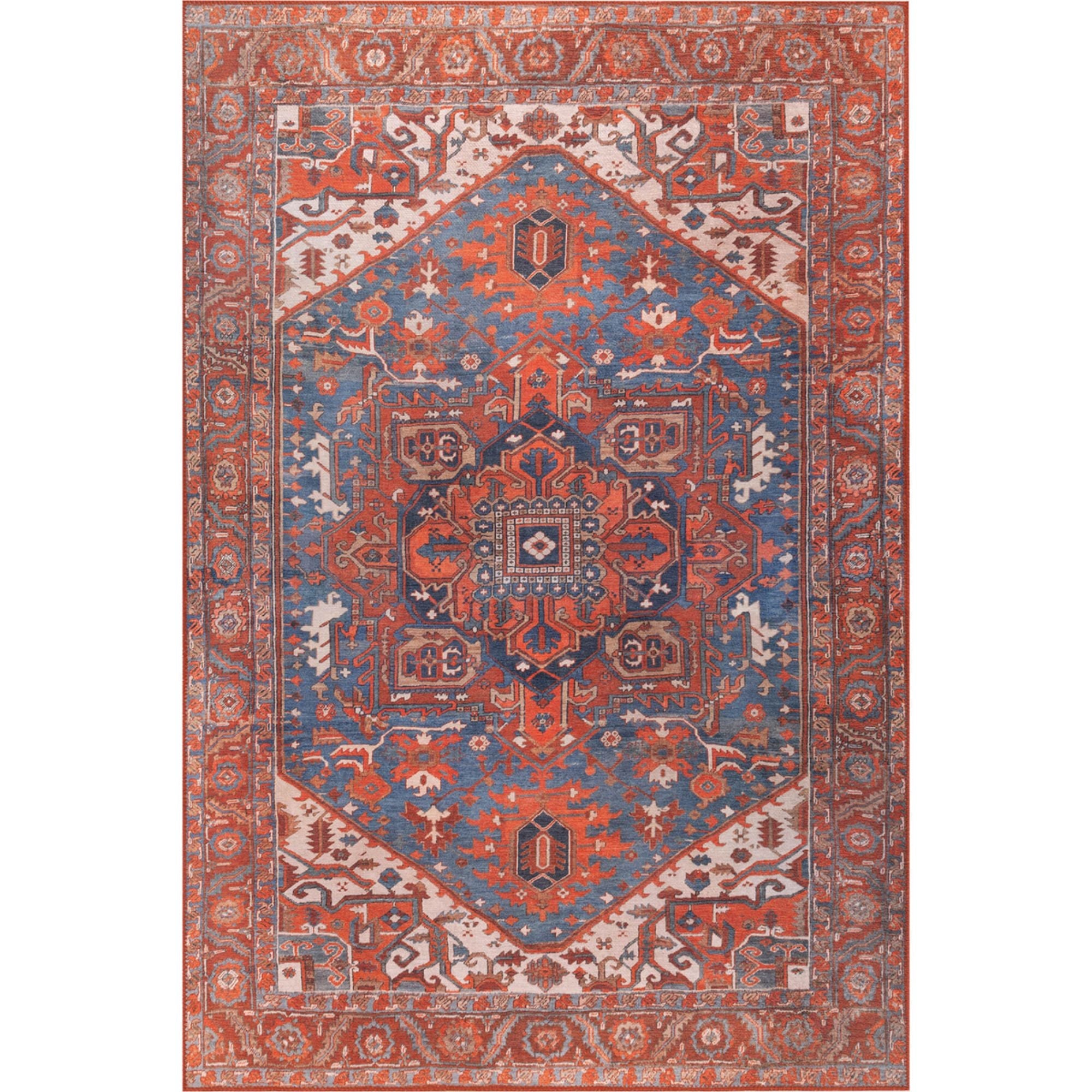 Digital Print Area Rug – Washable Non Slip Orange Medallion Cotton Carpet