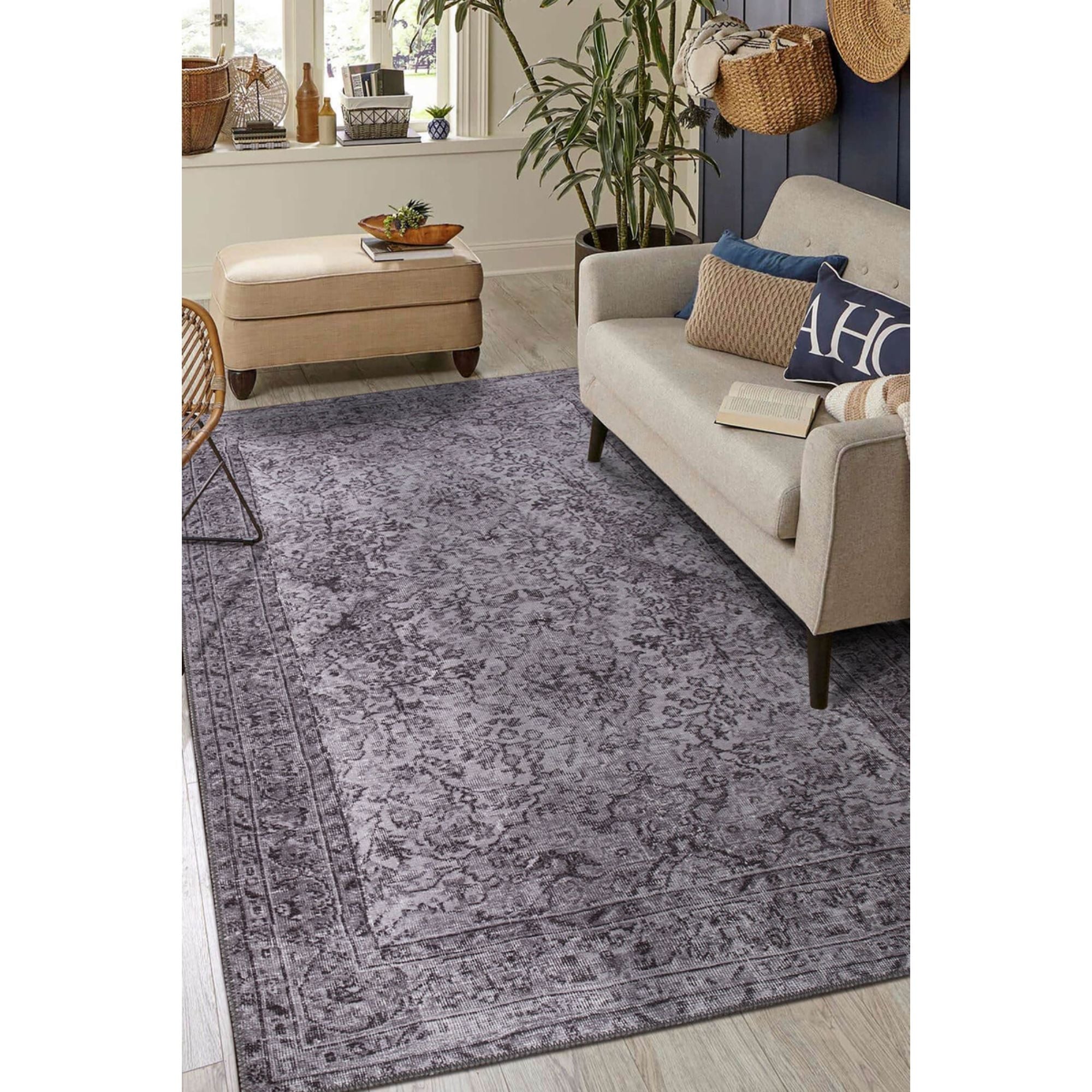 Vintage Cotton Area Rug – Washable Non Slip Anthracite Soft Microfiber Carpet