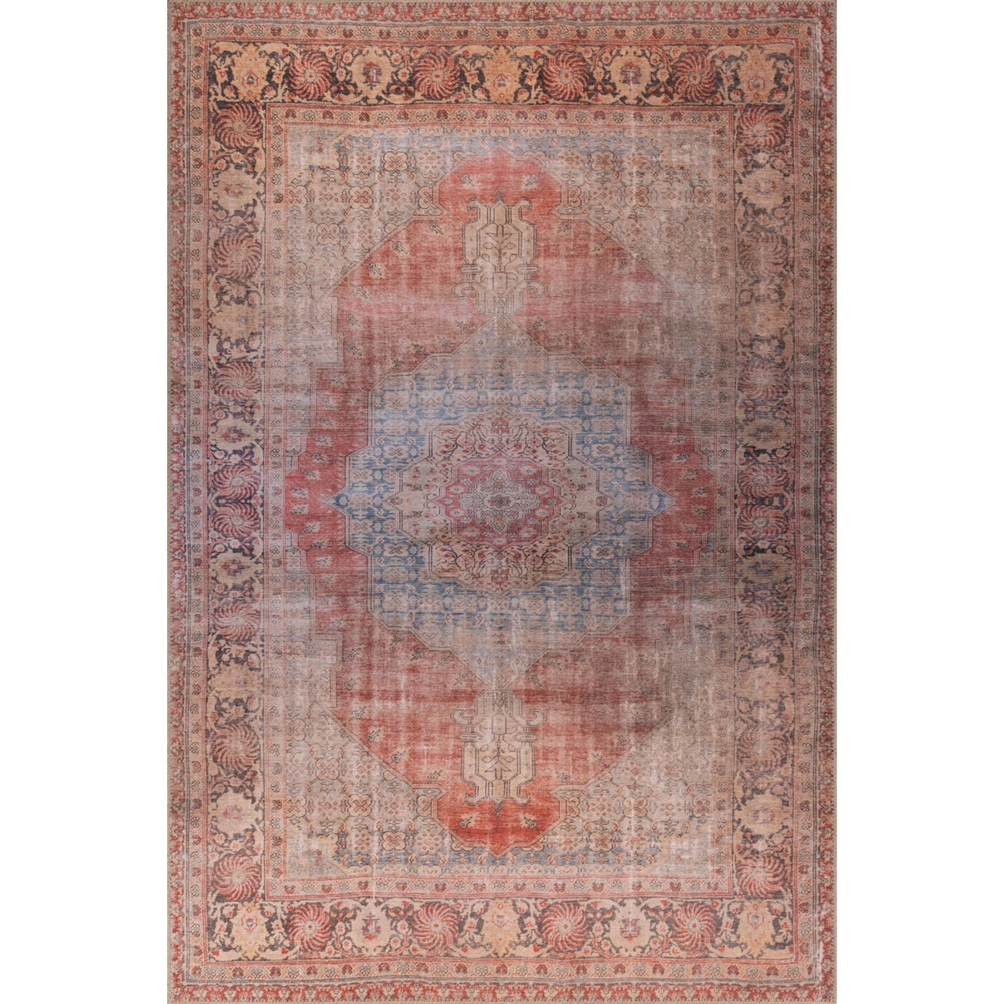 Digital Print Area Rug - Washable Non Slip Cotton Red Medallion Rug for Living Room