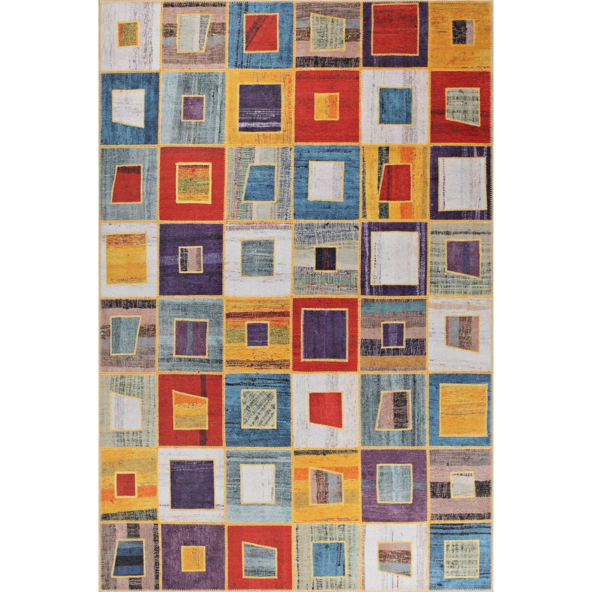 Patchwork Area Rug – Washable Non Slip Multicolor Cotton Carpet with Soft Microfiber