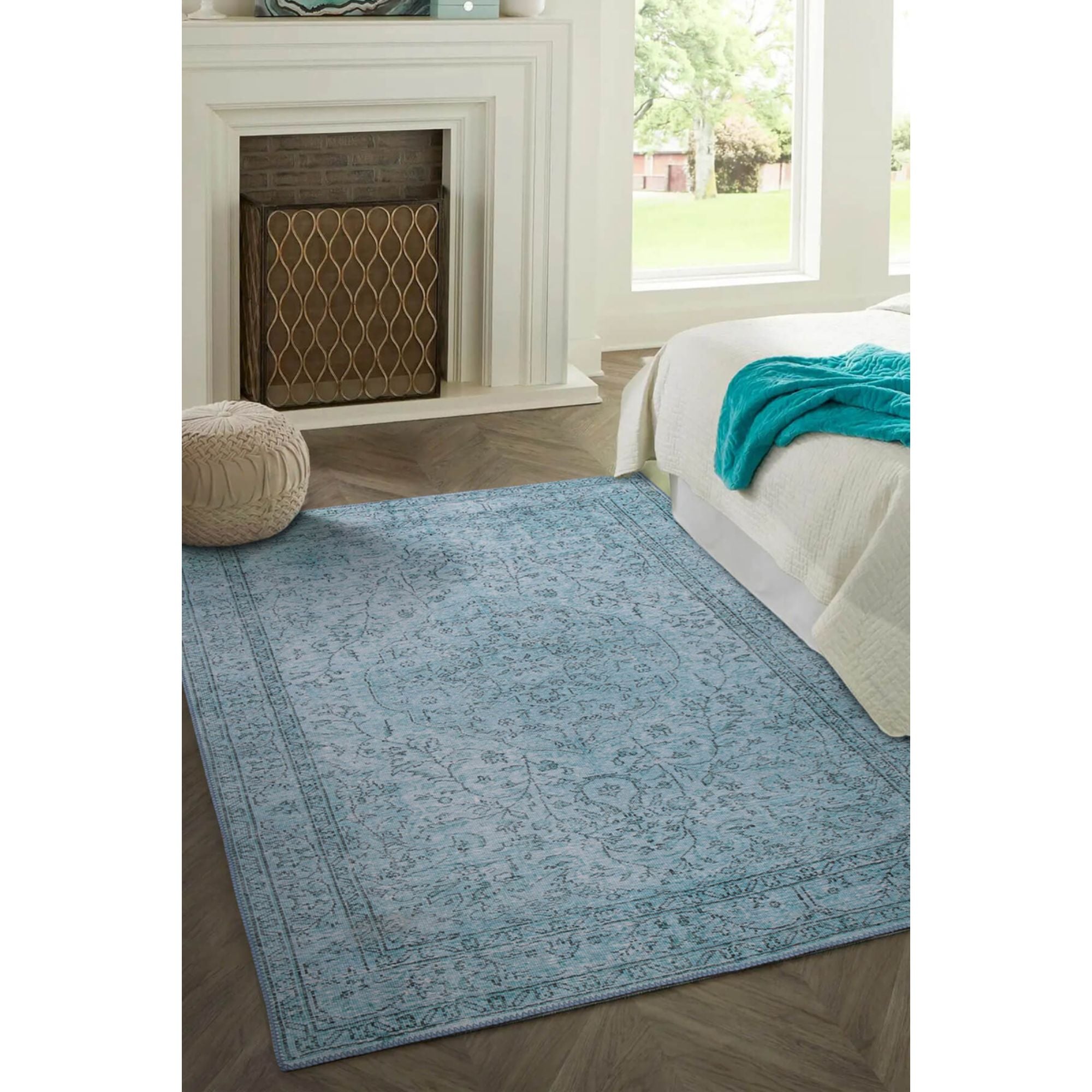 Vintage Cotton Area Rug – Washable Non Slip Turquoise Decorative Floor Carpet