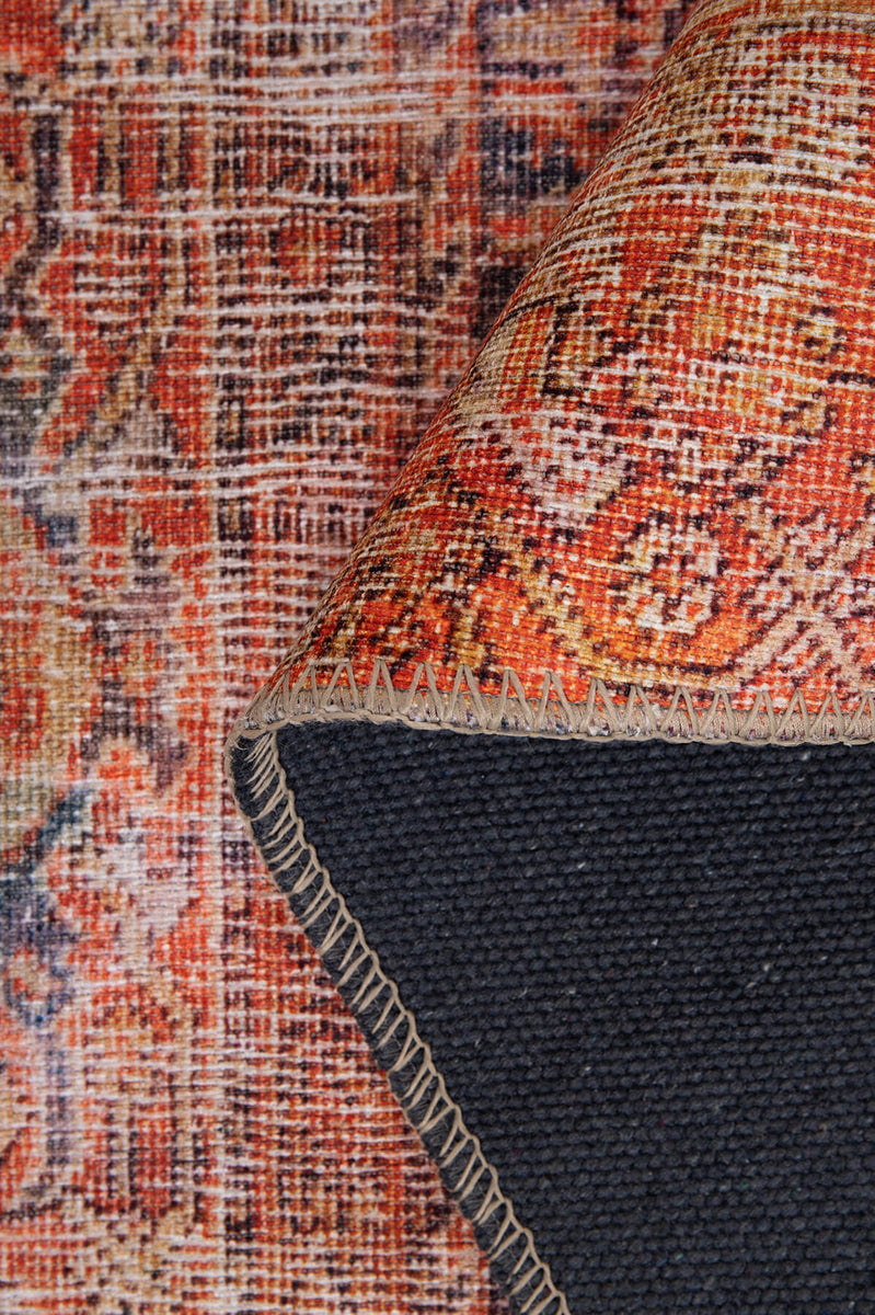 Vintage Area Rug - Washable Non Slip Orange Cotton Carpet for Home Decor