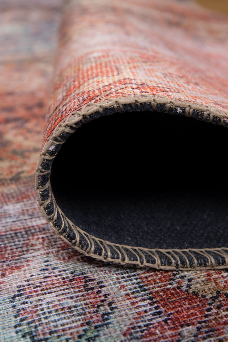 Vintage Area Rug - Washable Non Slip Orange Cotton Carpet for Home Decor
