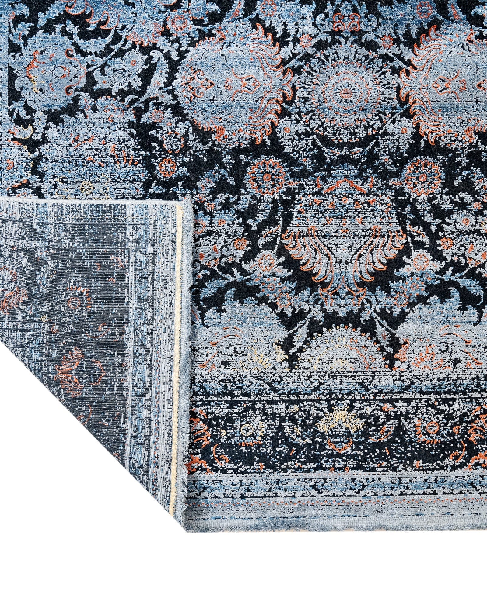 Vintage Viscose Area Rug – Navy Blue Machine Made Rug With Fringed Edge