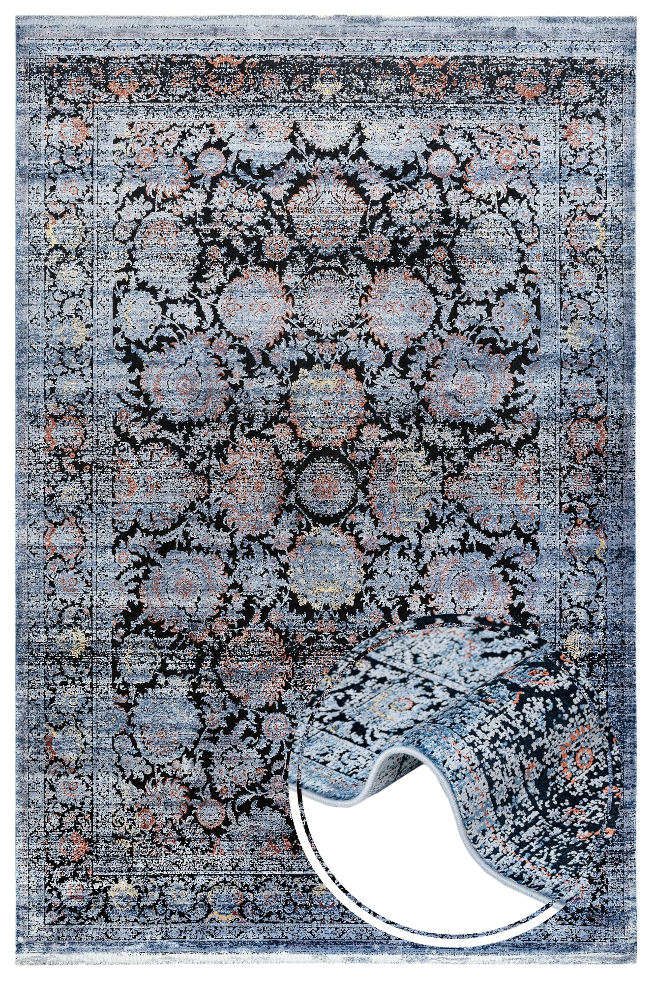 Vintage Viscose Area Rug – Navy Blue Machine Made Rug With Fringed Edge