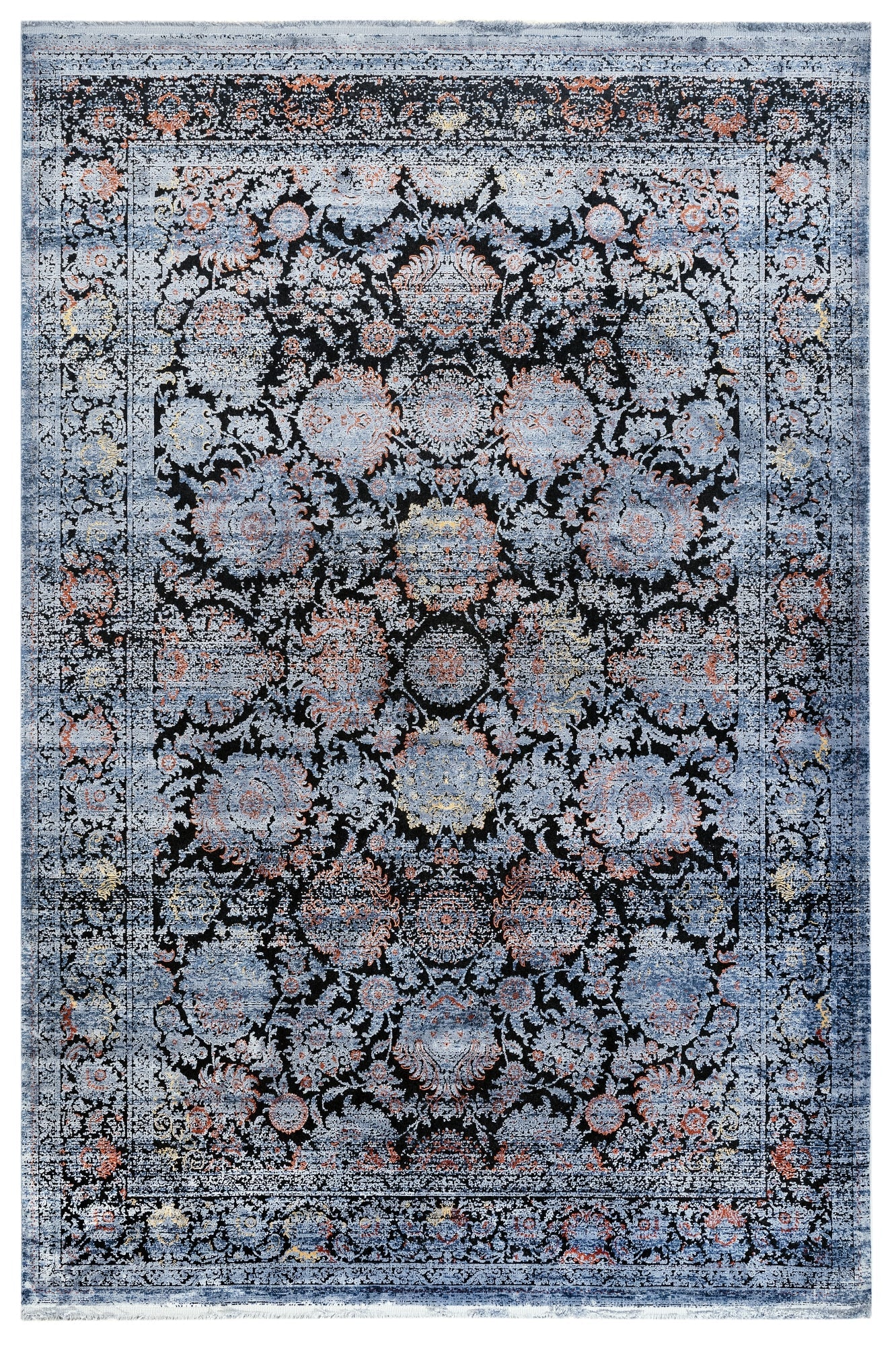 Vintage Viscose Area Rug – Navy Blue Machine Made Rug With Fringed Edge