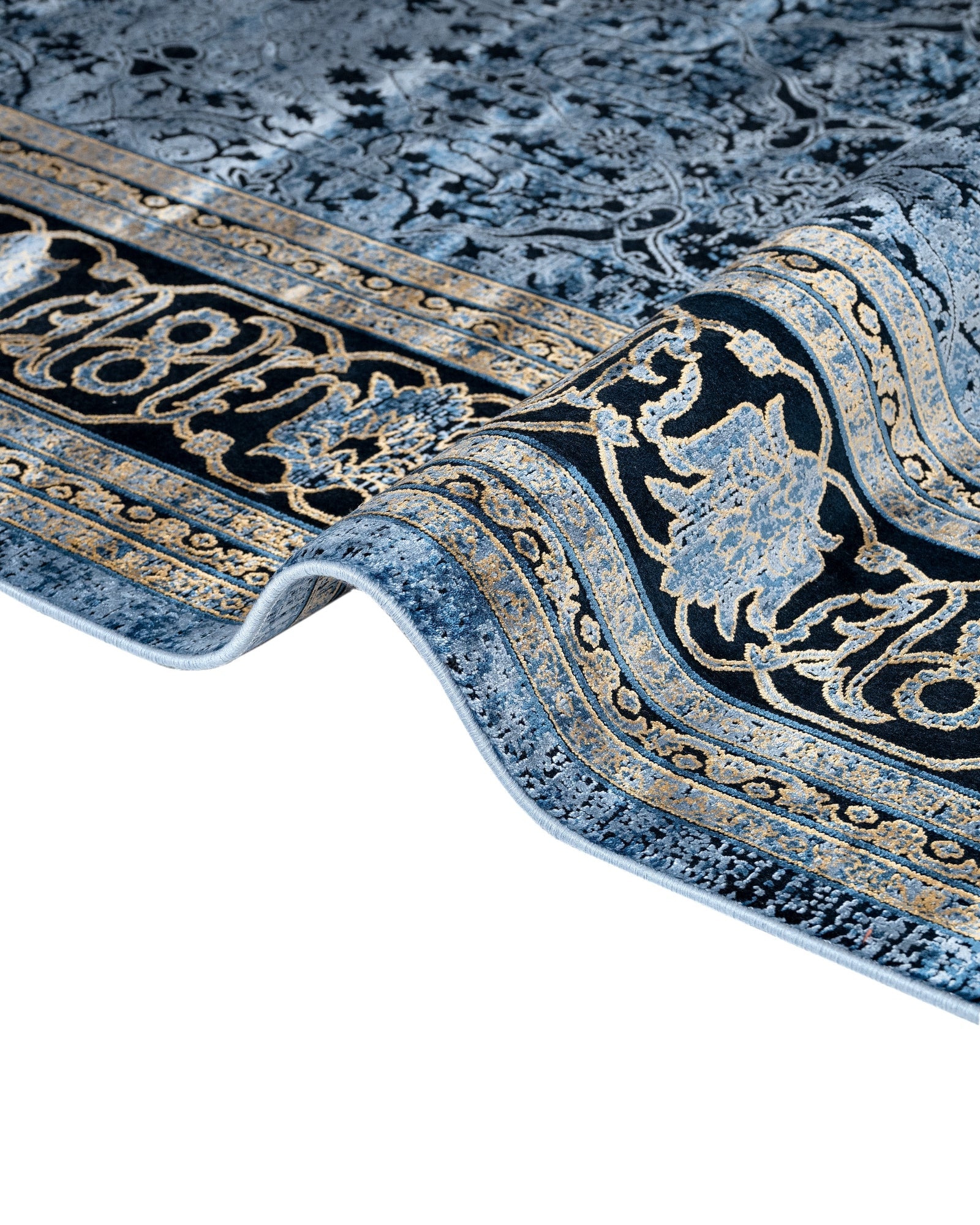 Vintage Viscose Area Rug – Blue Machine Made Rug with Fringed Edges