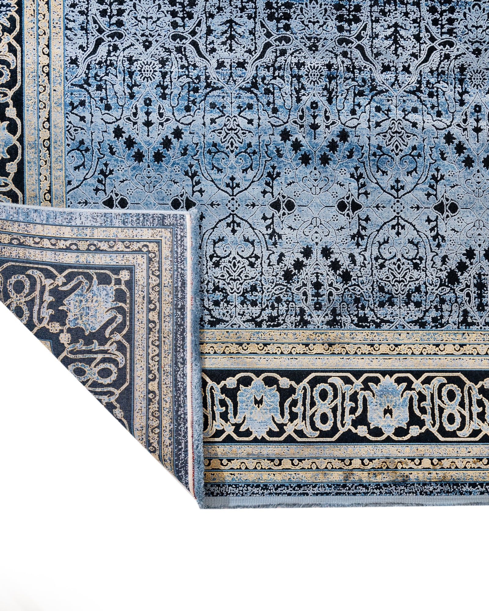Vintage Viscose Area Rug – Blue Machine Made Rug with Fringed Edges