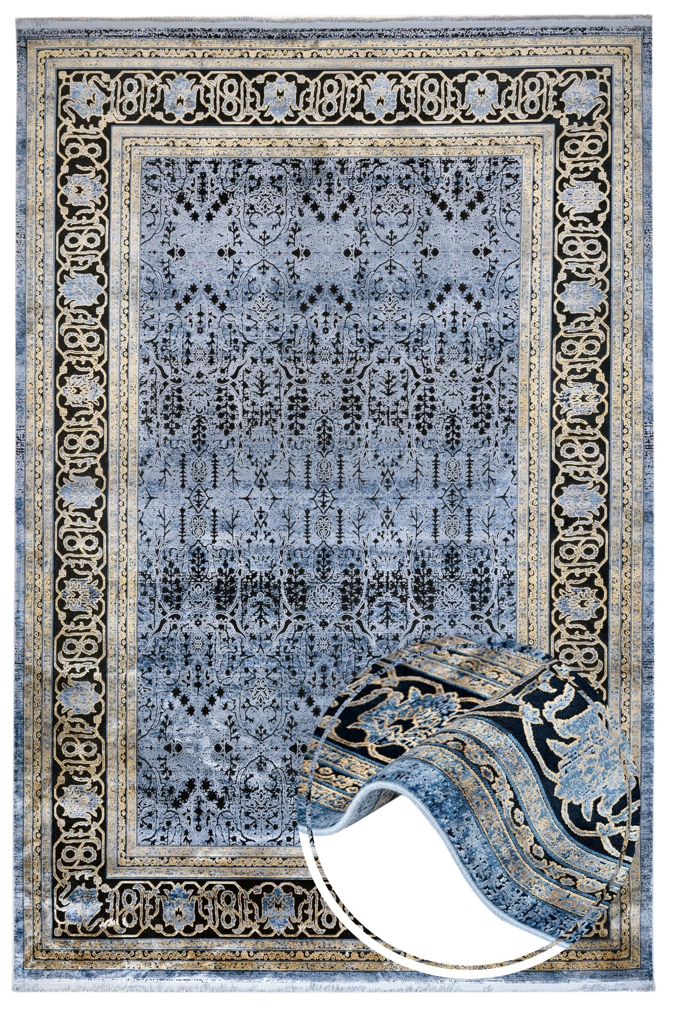 Vintage Viscose Area Rug – Blue Machine Made Rug with Fringed Edges