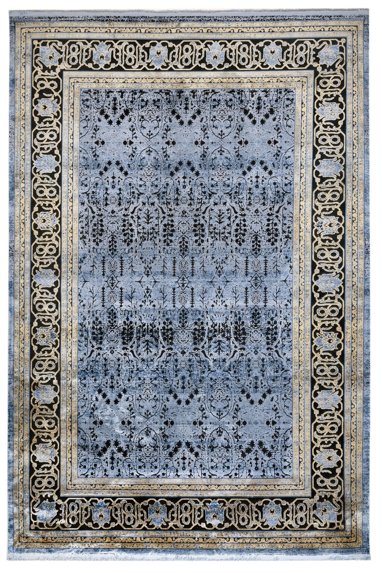 Vintage Viscose Area Rug – Blue Machine Made Rug with Fringed Edges