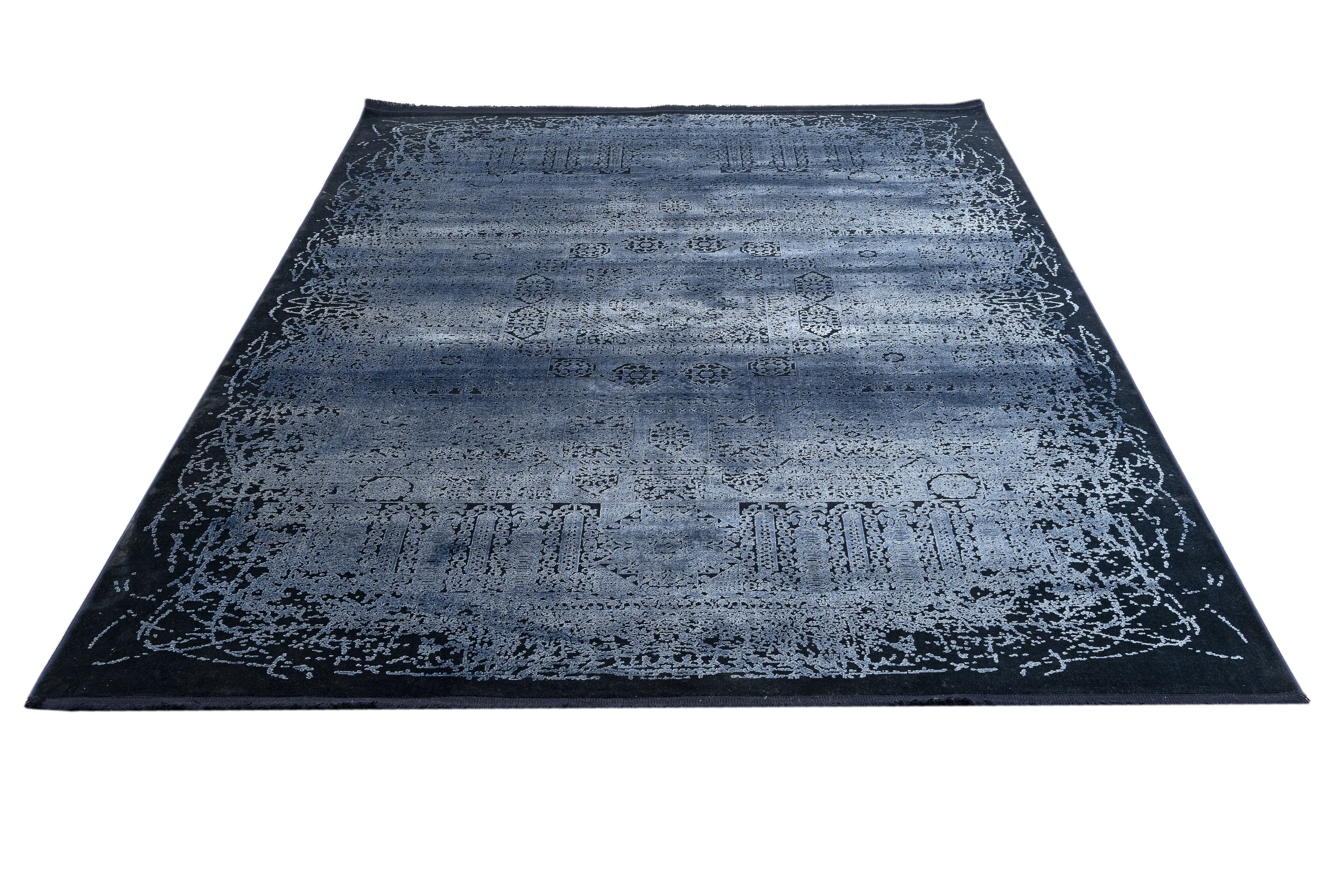 Vintage Viscose Area Rug – Navy Blue Machine Made Rug with Fringed Edge