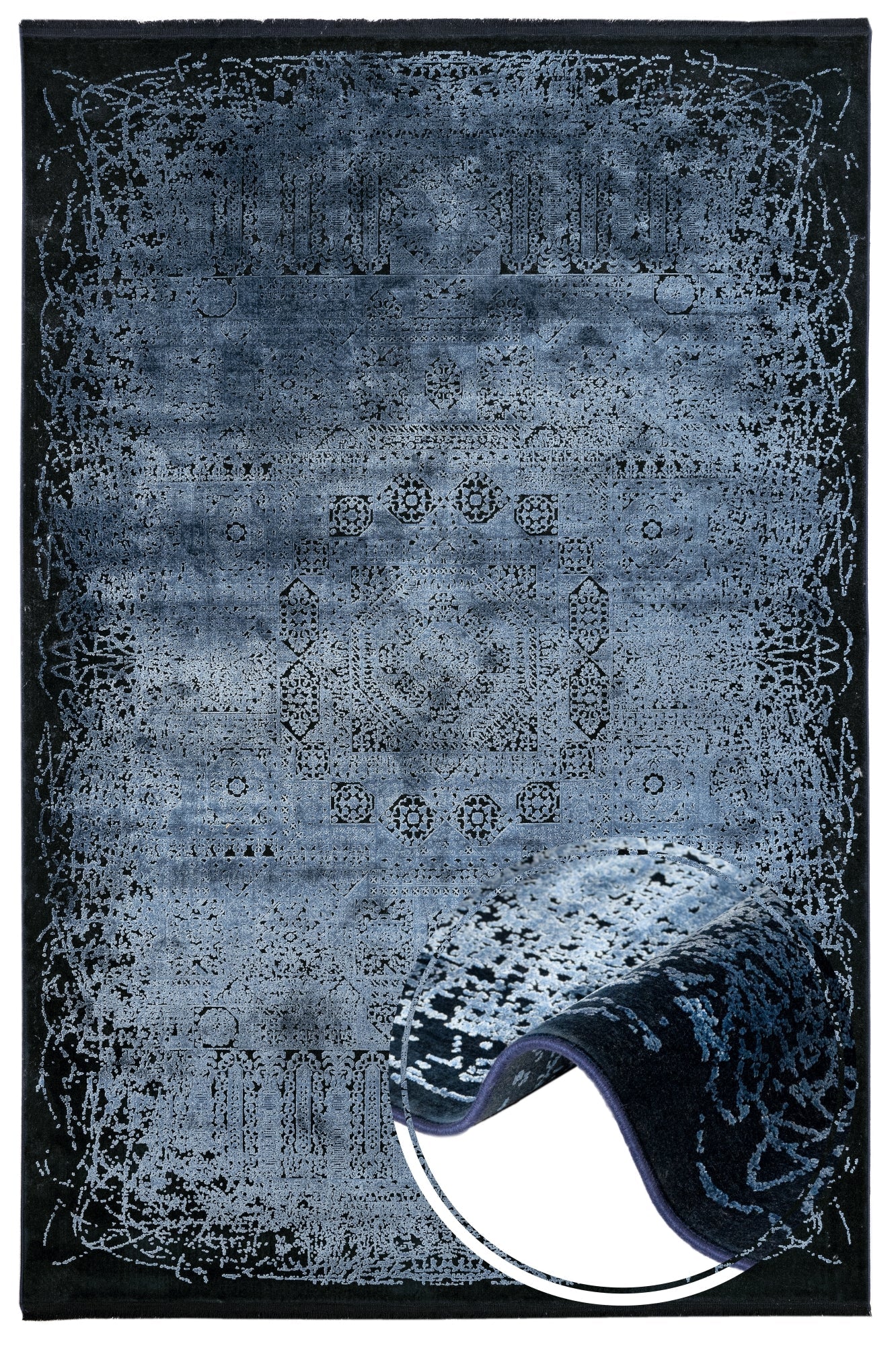 Vintage Viscose Area Rug – Navy Blue Machine Made Rug with Fringed Edge