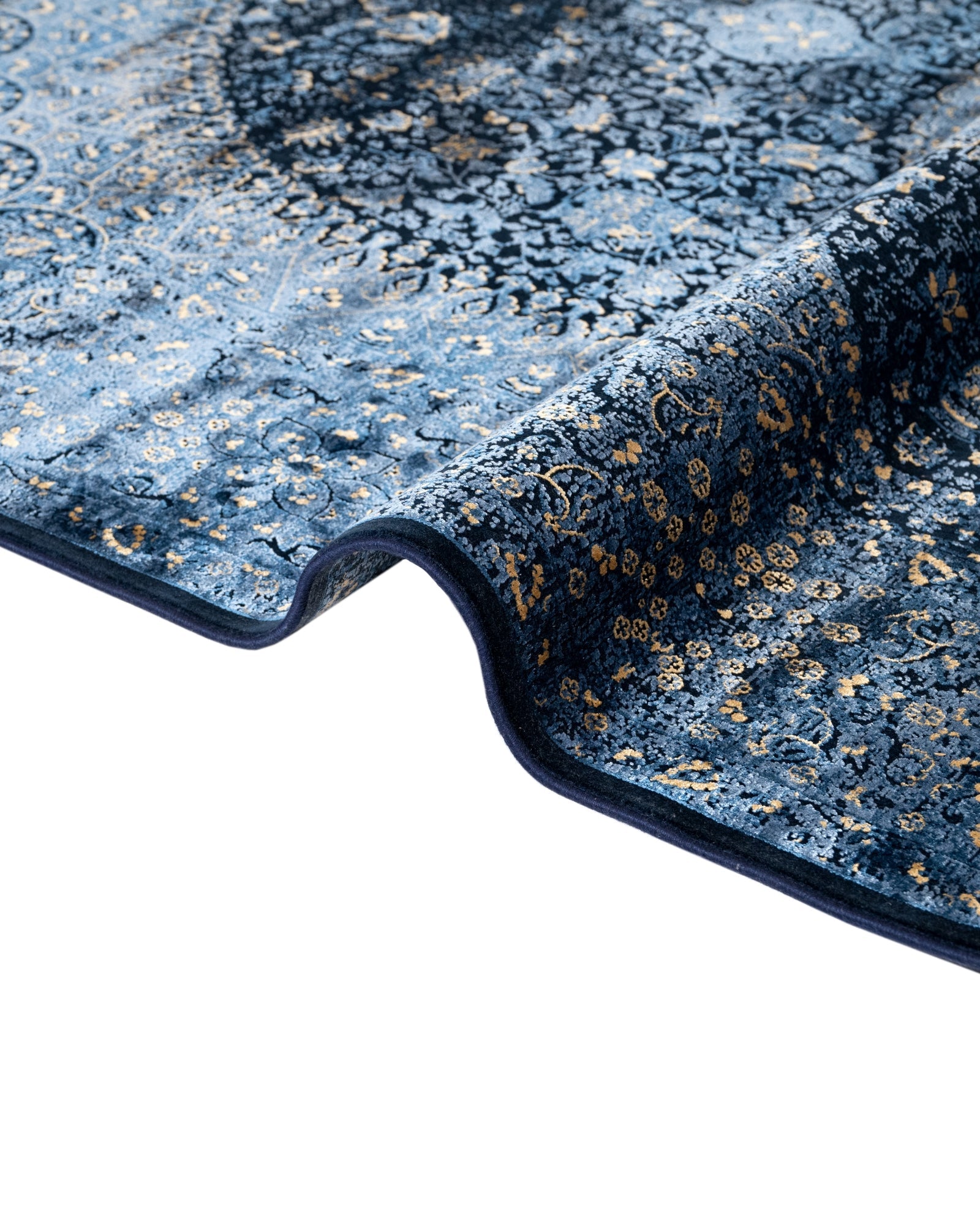 Vintage Viscose Area Rug – Navy Blue Machine Made Rug with Fringed Edges for Living Room