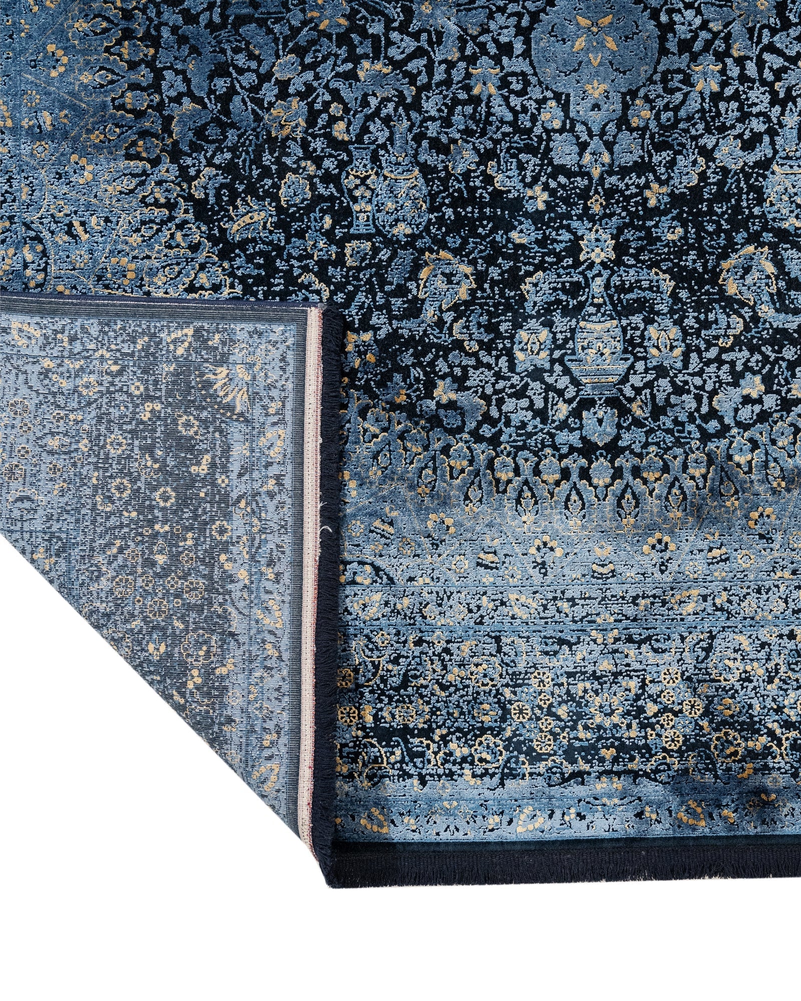 Vintage Viscose Area Rug – Navy Blue Machine Made Rug with Fringed Edges for Living Room