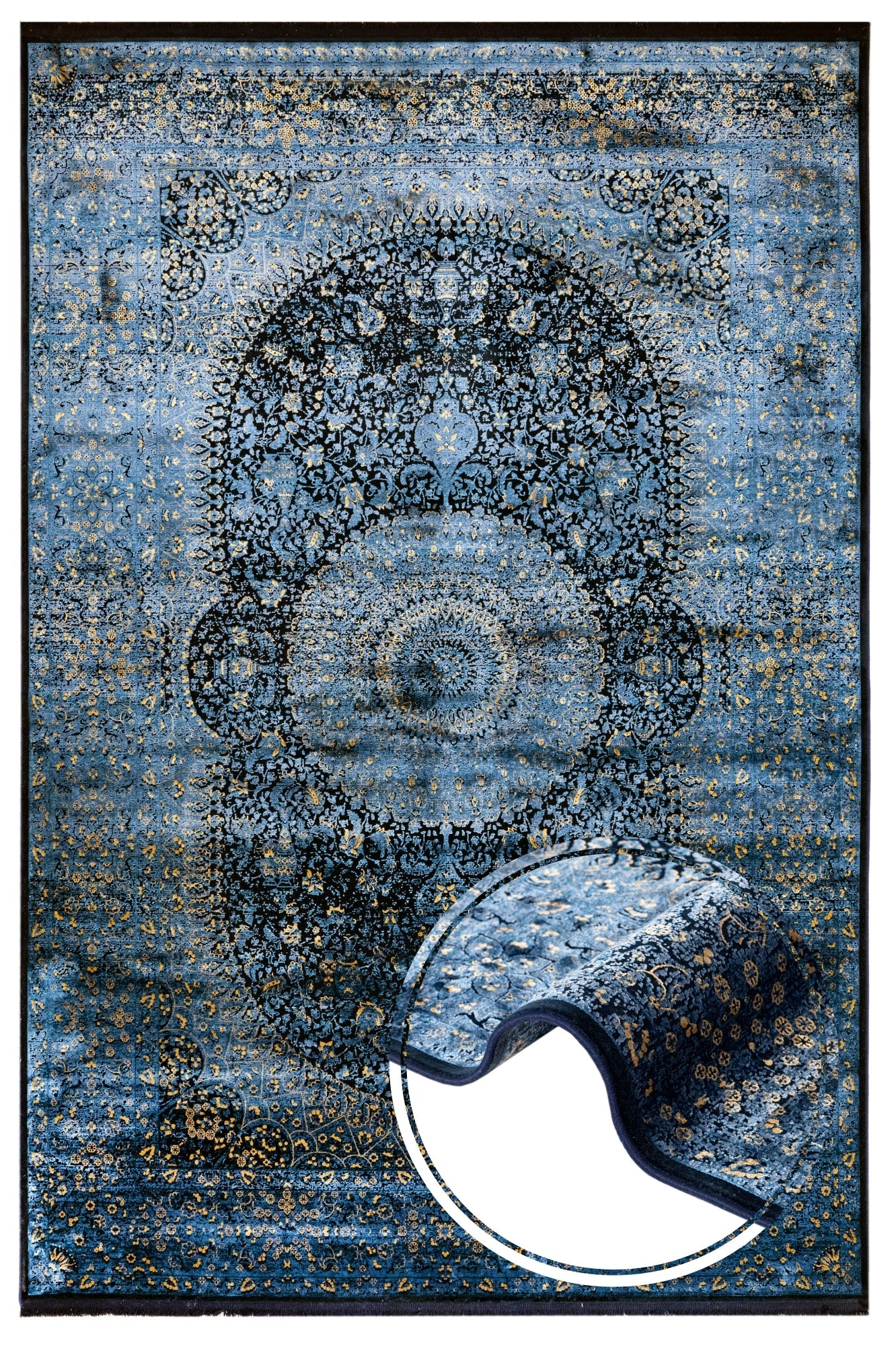 Vintage Viscose Area Rug – Navy Blue Machine Made Rug with Fringed Edges for Living Room