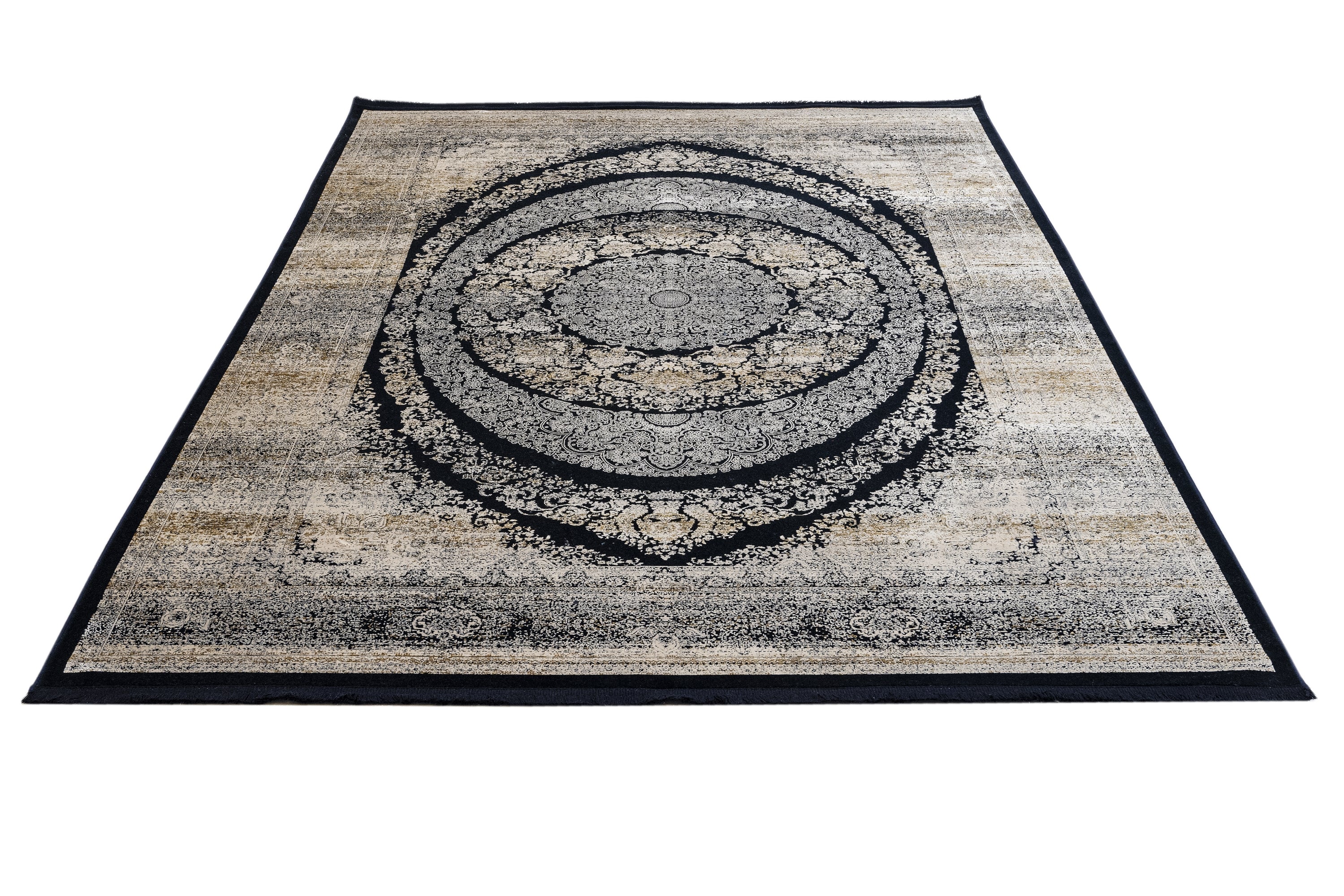 Vintage Viscose Area Rug – Black Machine Made Rug with Fringed Edges, Stylish Home Carpet