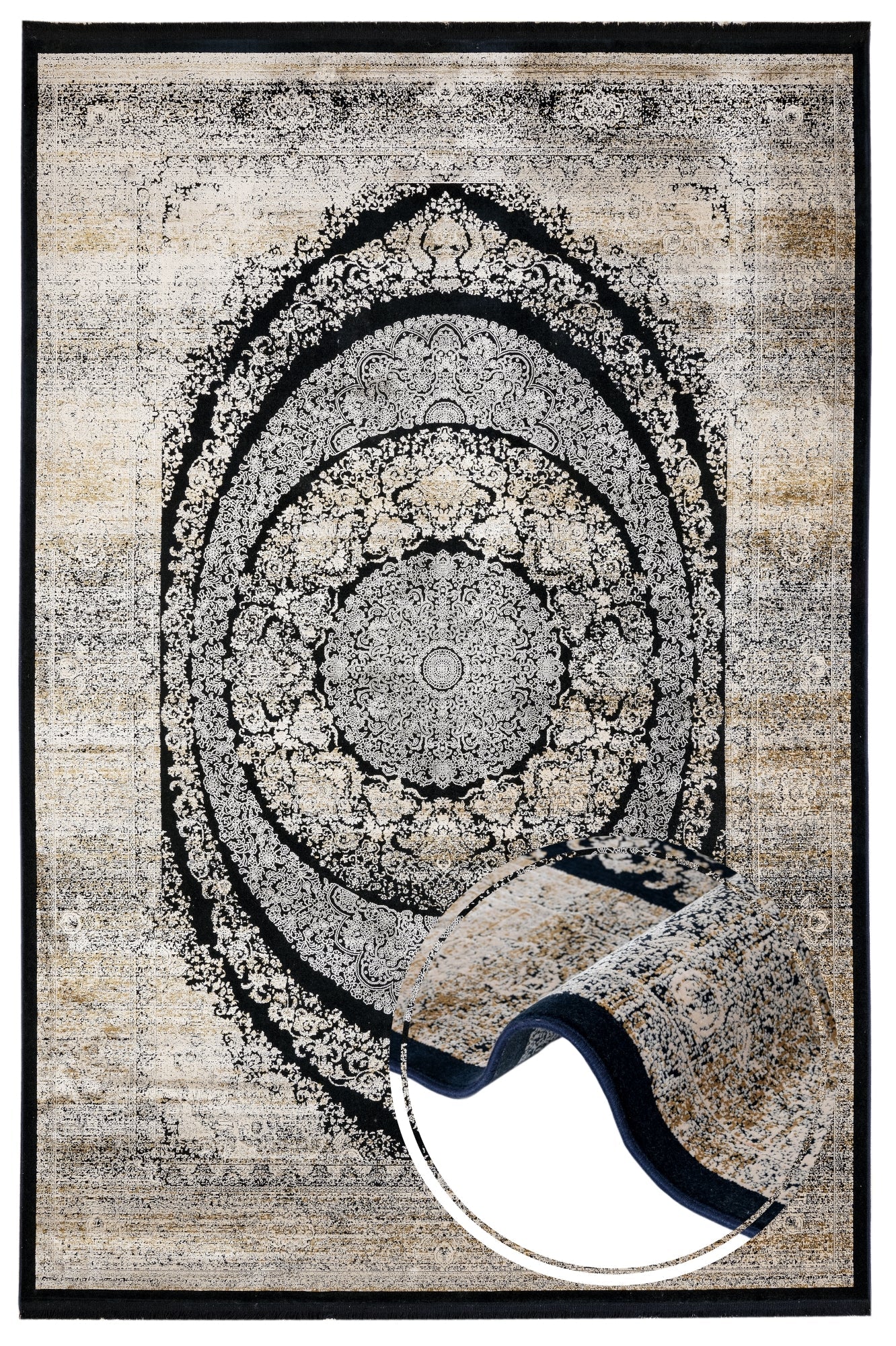 Vintage Viscose Area Rug – Black Machine Made Rug with Fringed Edges, Stylish Home Carpet