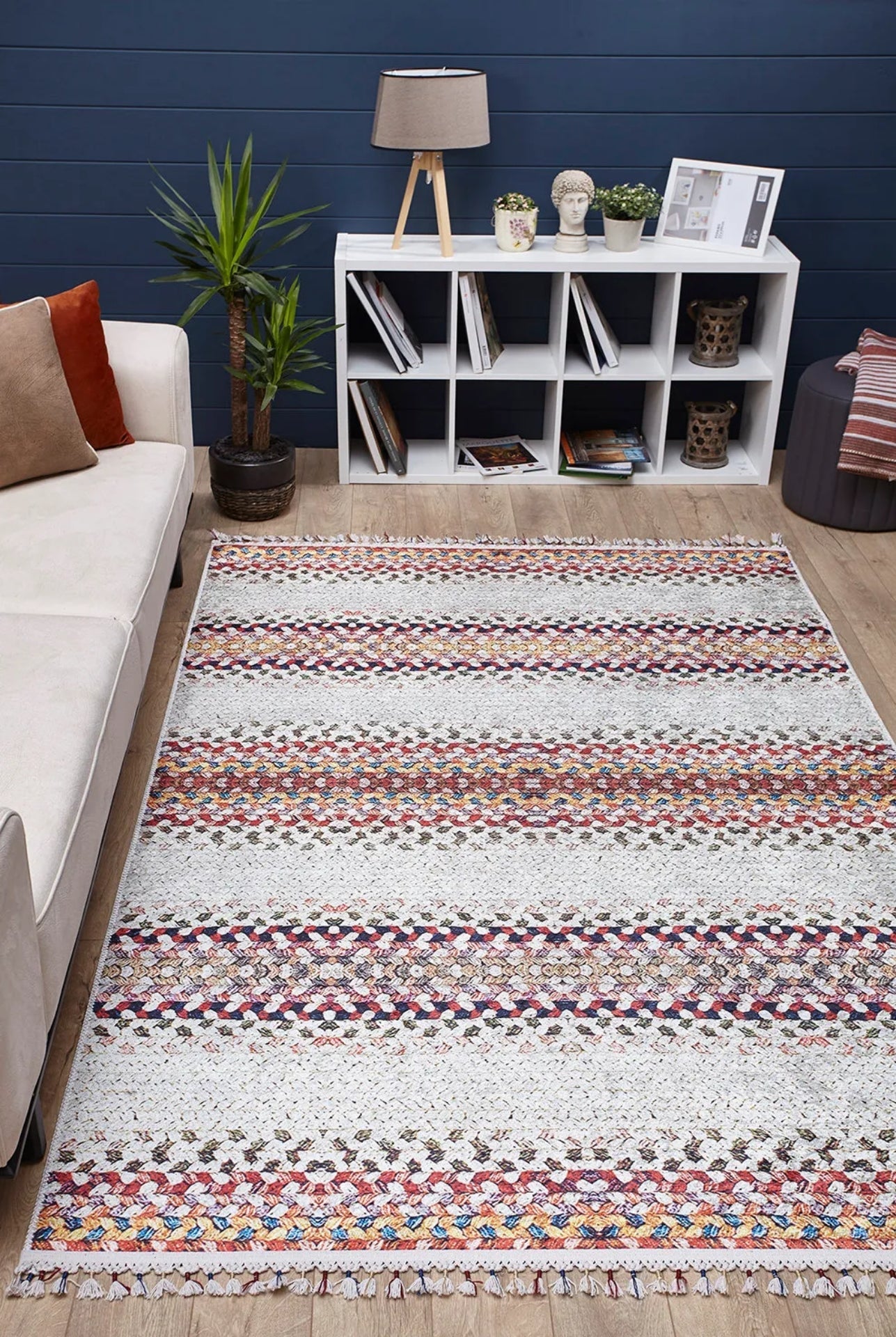 Cream Striped Area Rug – Digital Print Rug With Non Slip Backing & Antibacterial Carpet