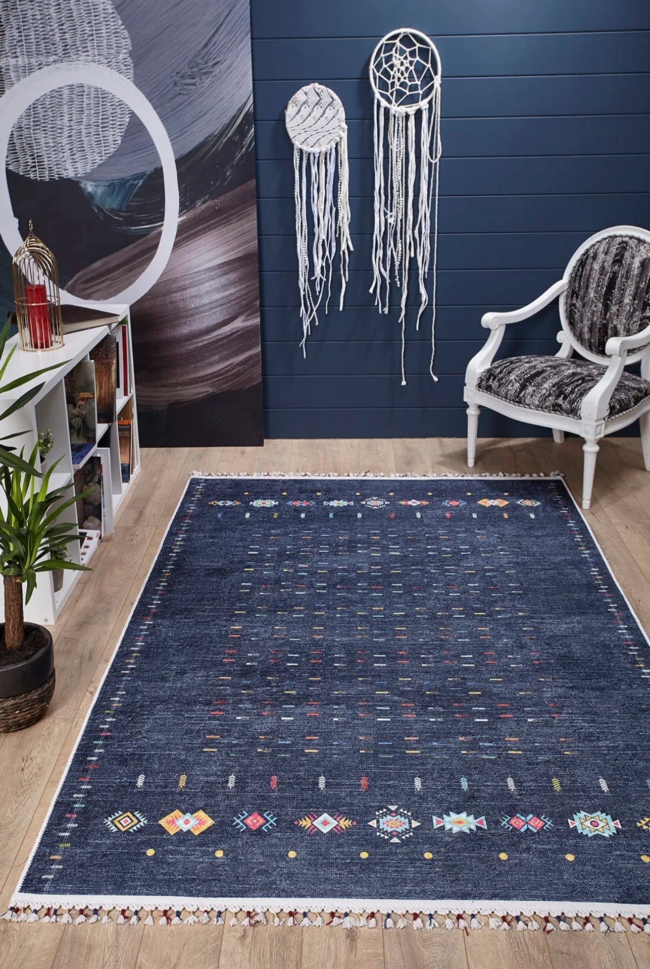 Modern Digital Print Rug – Navy Area Rug | Non Slip, Antibacterial Carpet