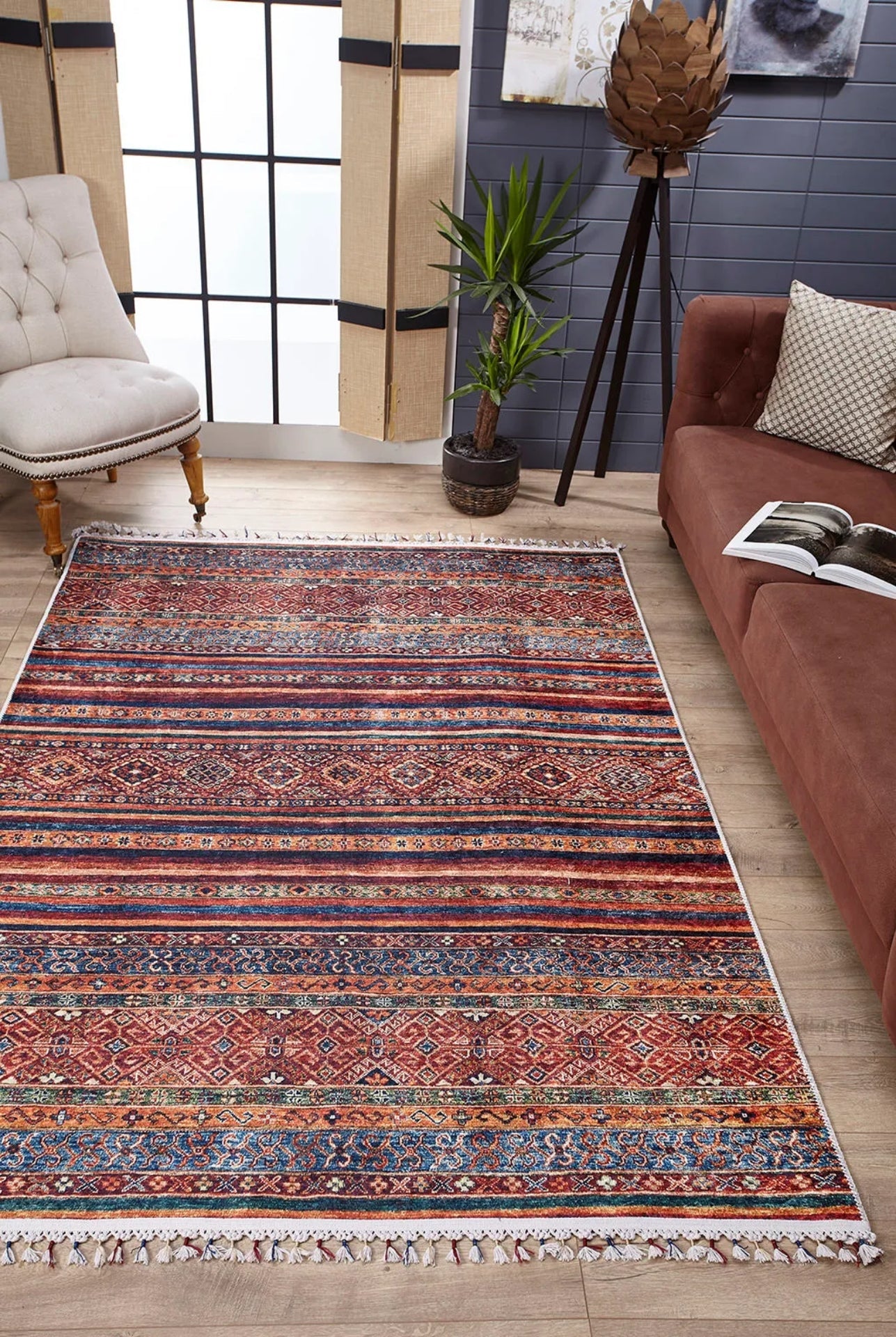 Red Striped Area Rug | Non Slip Rug With Digital Print Carpet - Antibacterial, Dust Free