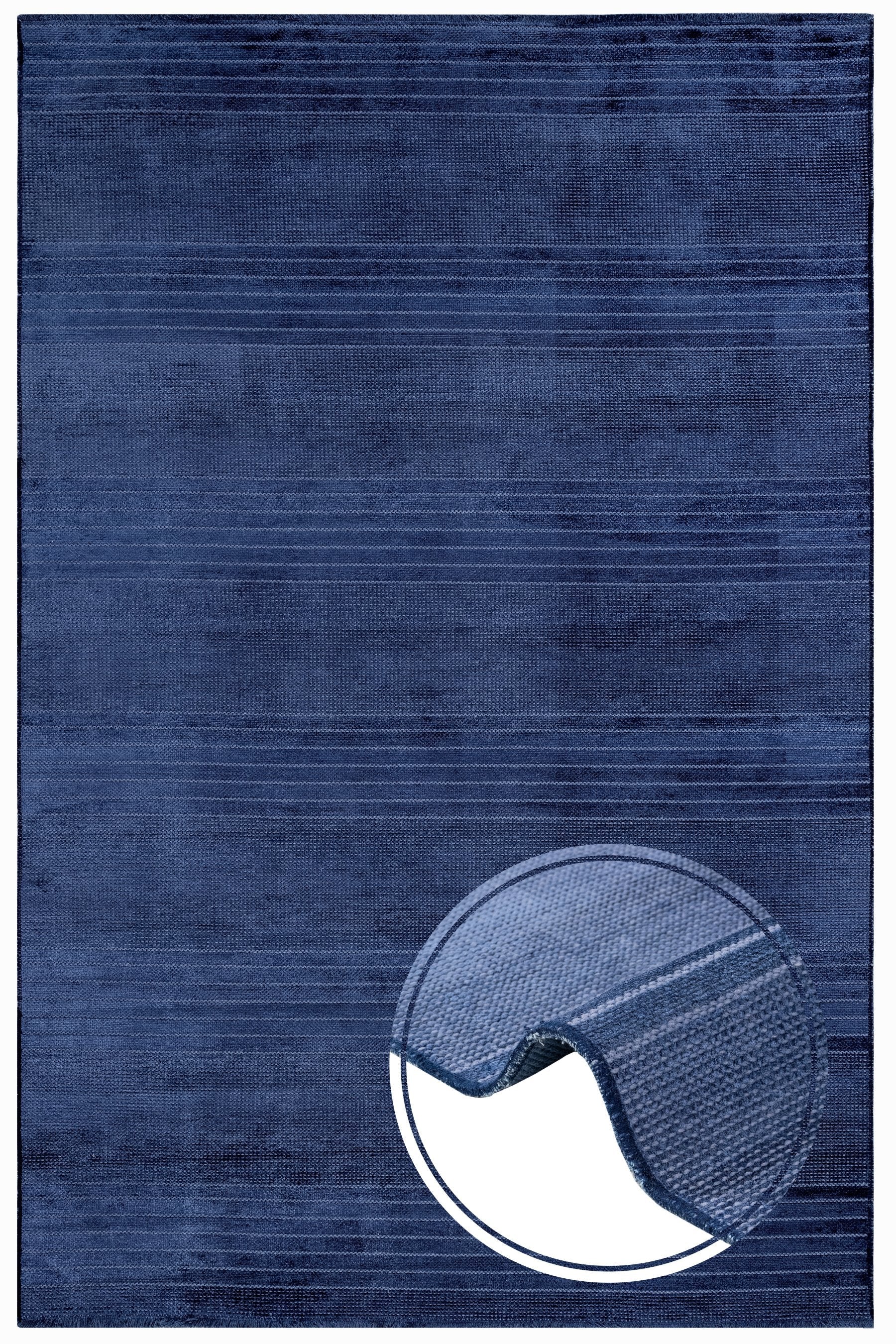 Navy Viscose Area Rug – Modern Machine Made Carpet With Fringed Edges