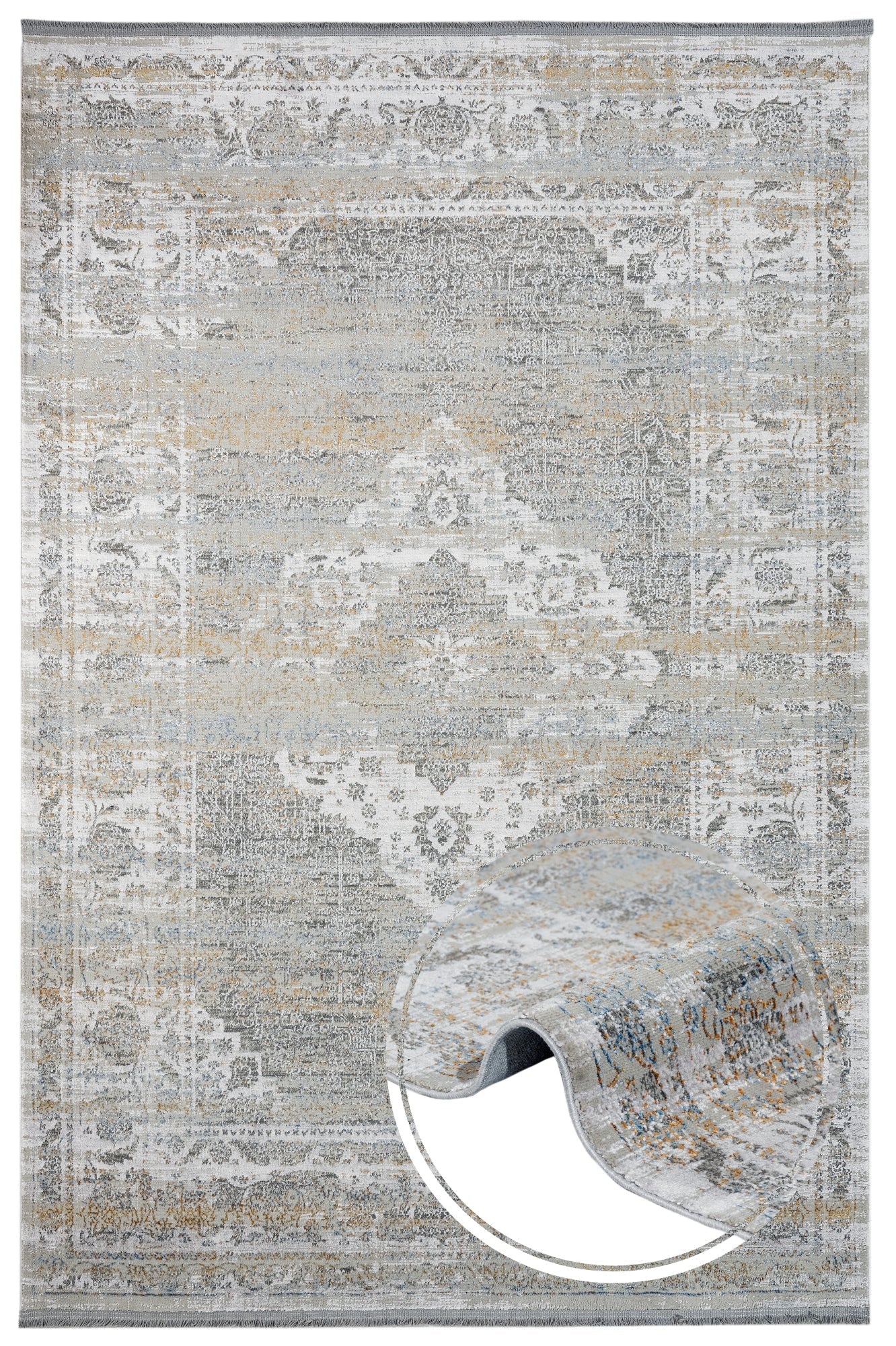 Vintage Viscose Area Rug – Grey Machine Made Rug with Fringed Edges for Living Room