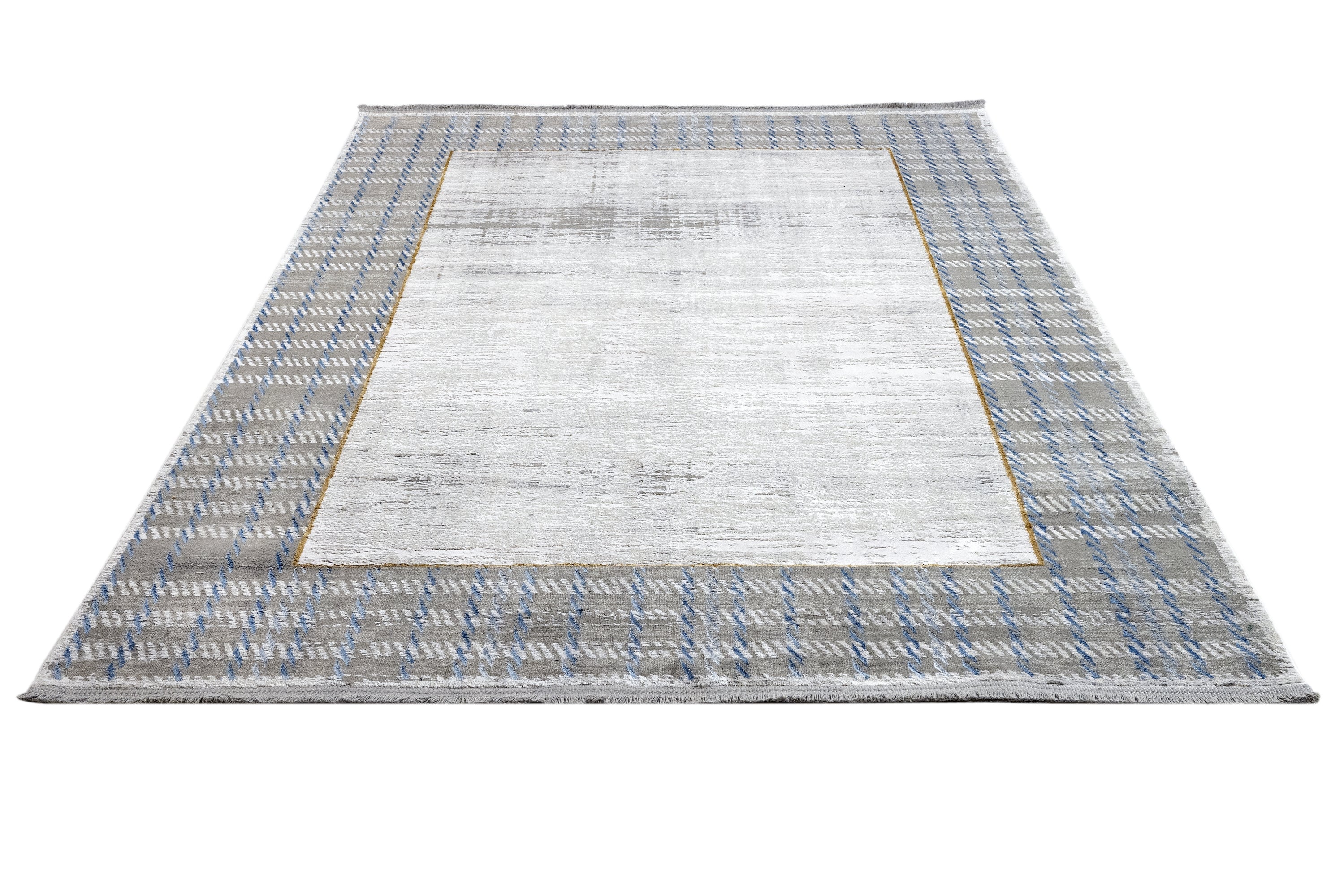 Viscose Area Rug – Machine Made Grey Frame Carpet with Fringed Edges