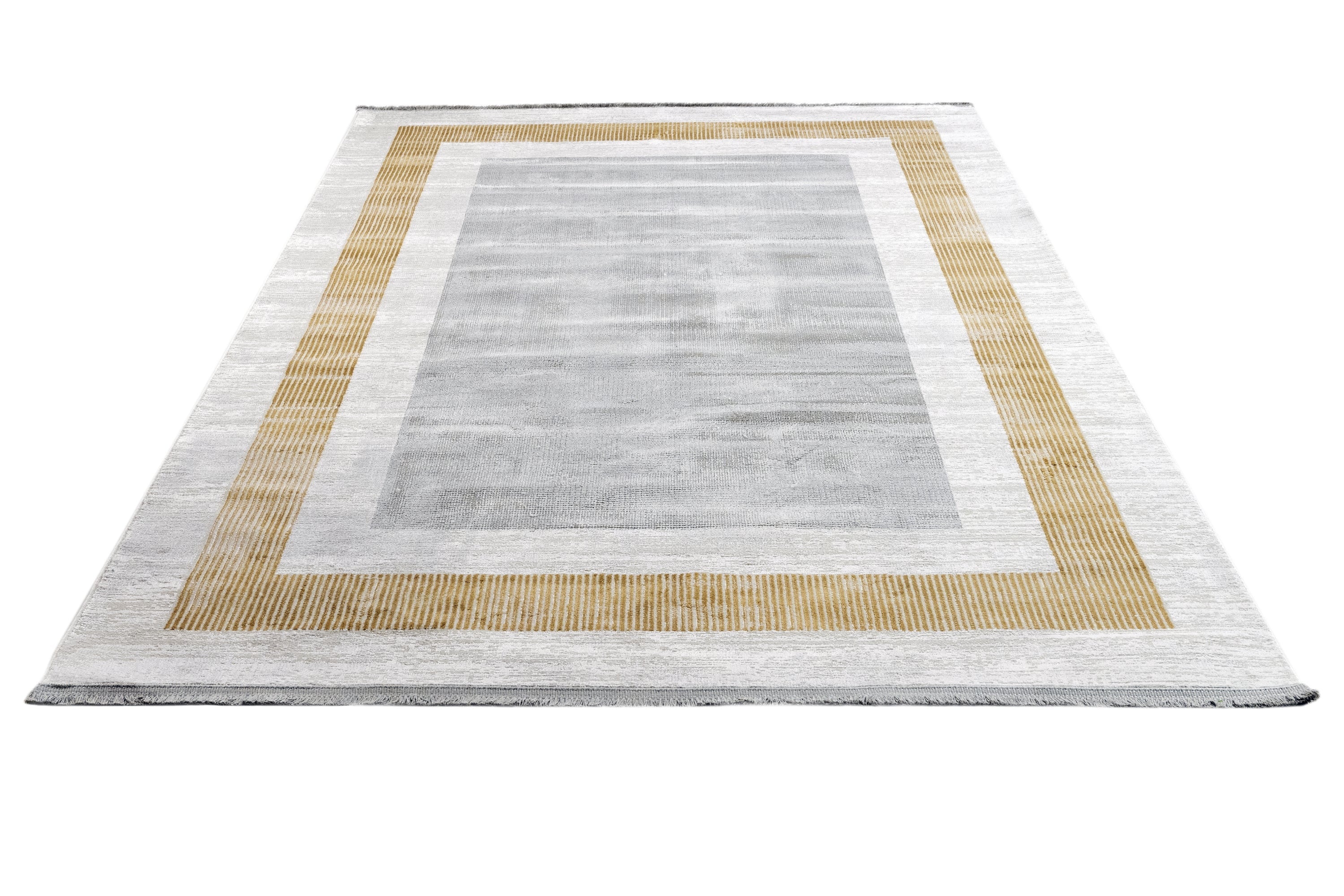 Viscose Area Rug - Machine Made Grey Frame Carpet with Fringed Edges for Living Room