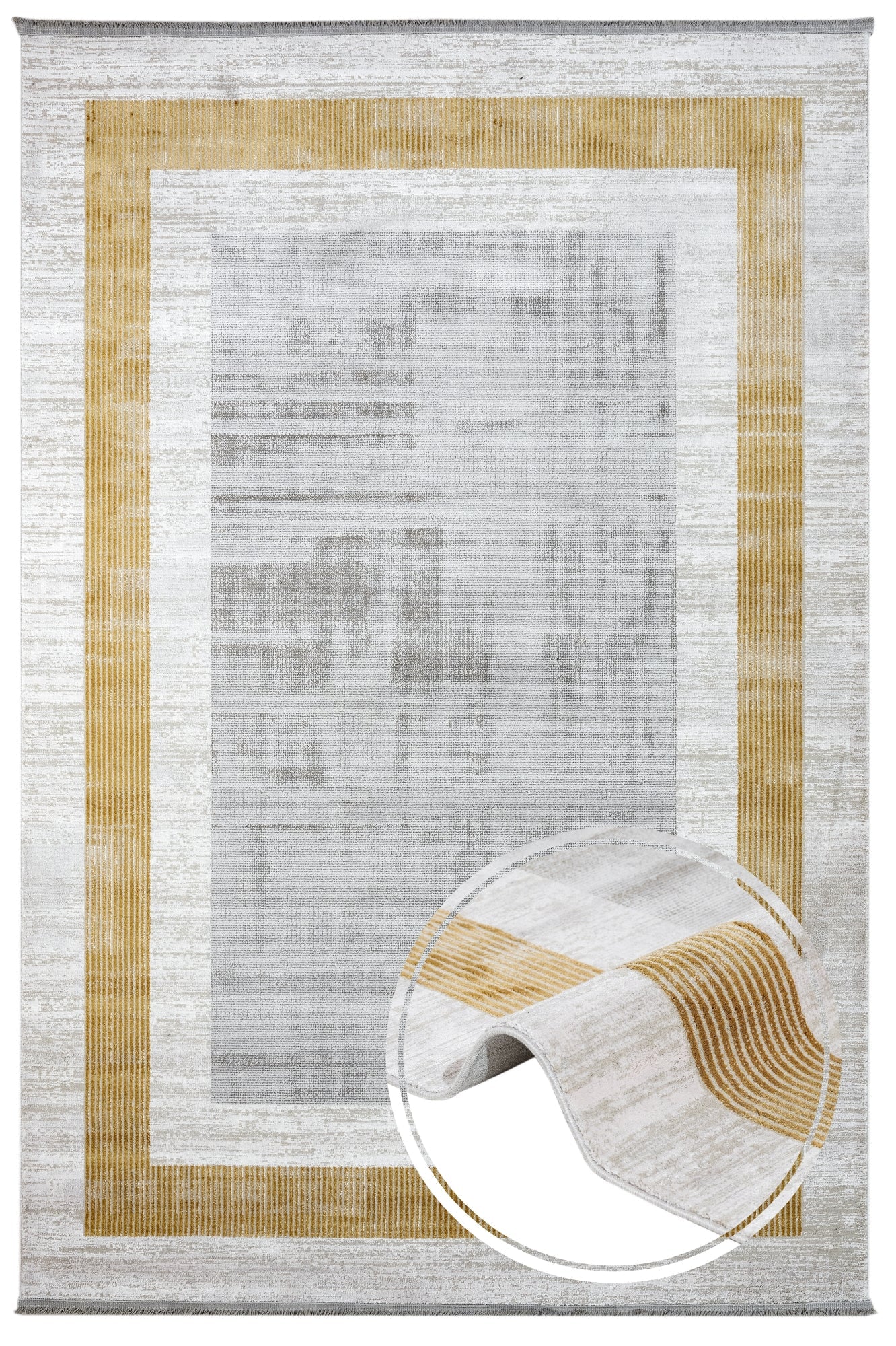 Viscose Area Rug - Machine Made Grey Frame Carpet with Fringed Edges for Living Room