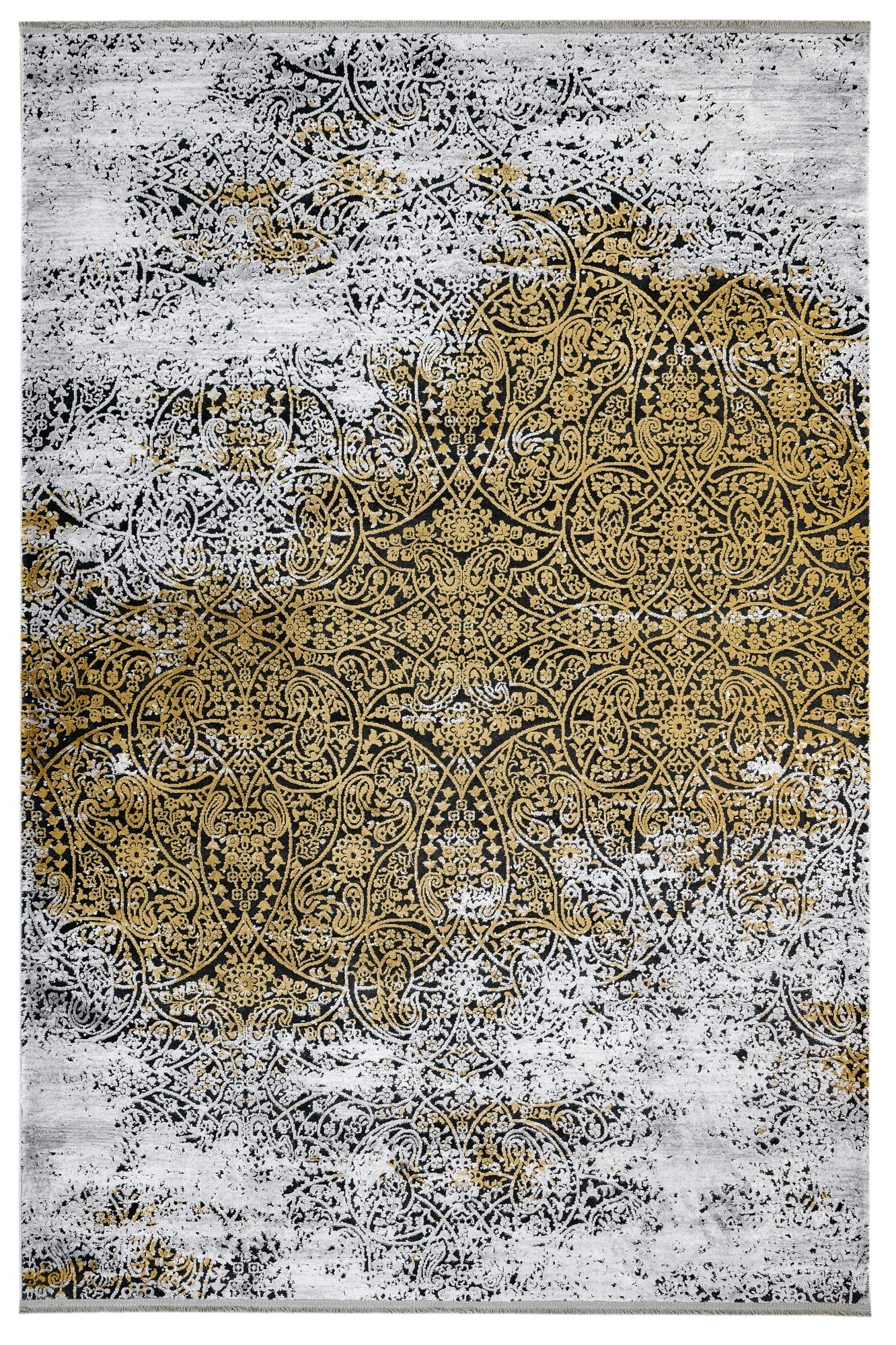 Vintage Viscose Area Rug – Machine Made Gold Rug with Fringed Edges