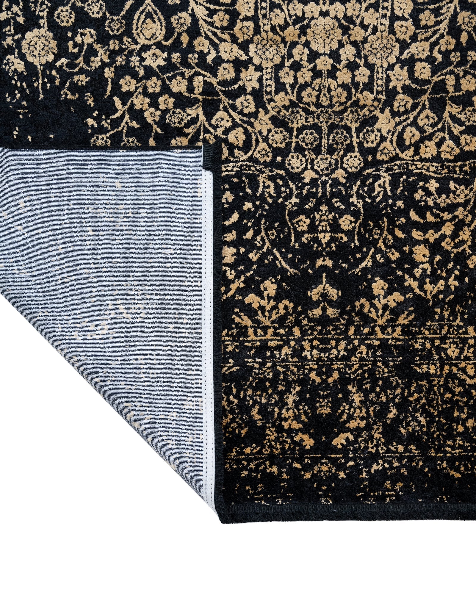 Vintage Viscose Area Rug – Black Machine Made Rug with Fringed Edges