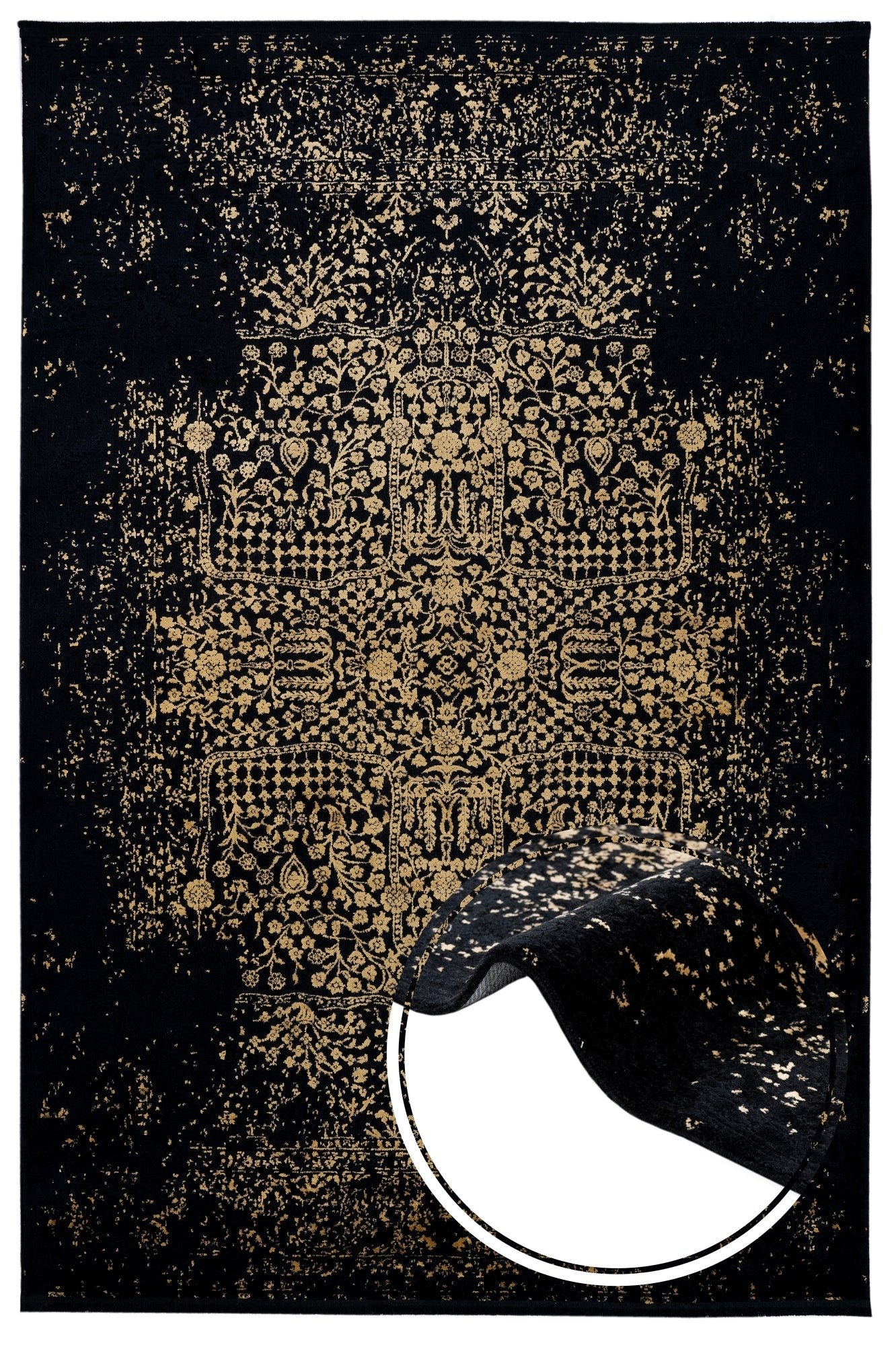 Vintage Viscose Area Rug – Black Machine Made Rug with Fringed Edges