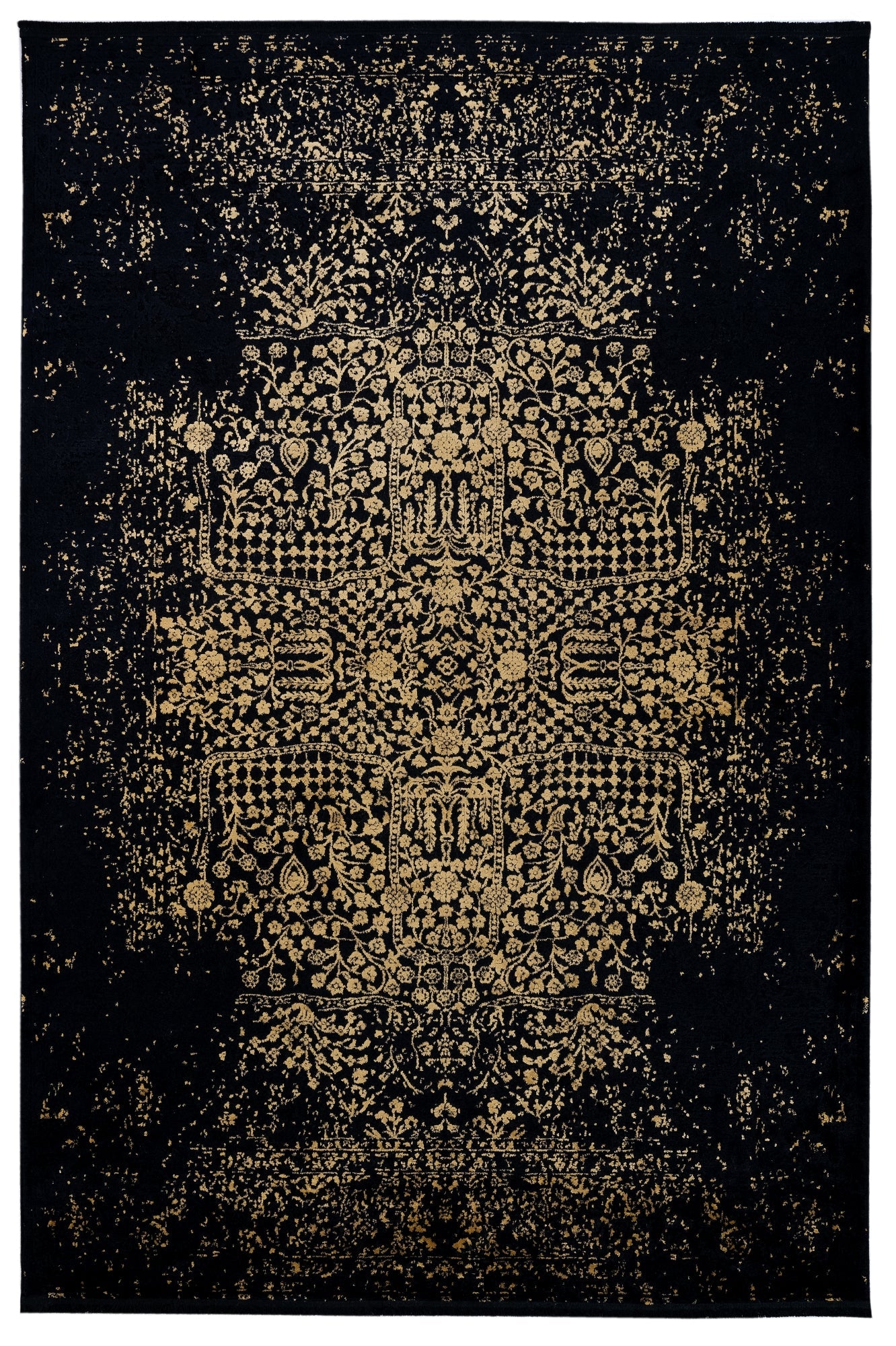 Vintage Viscose Area Rug – Black Machine Made Rug with Fringed Edges
