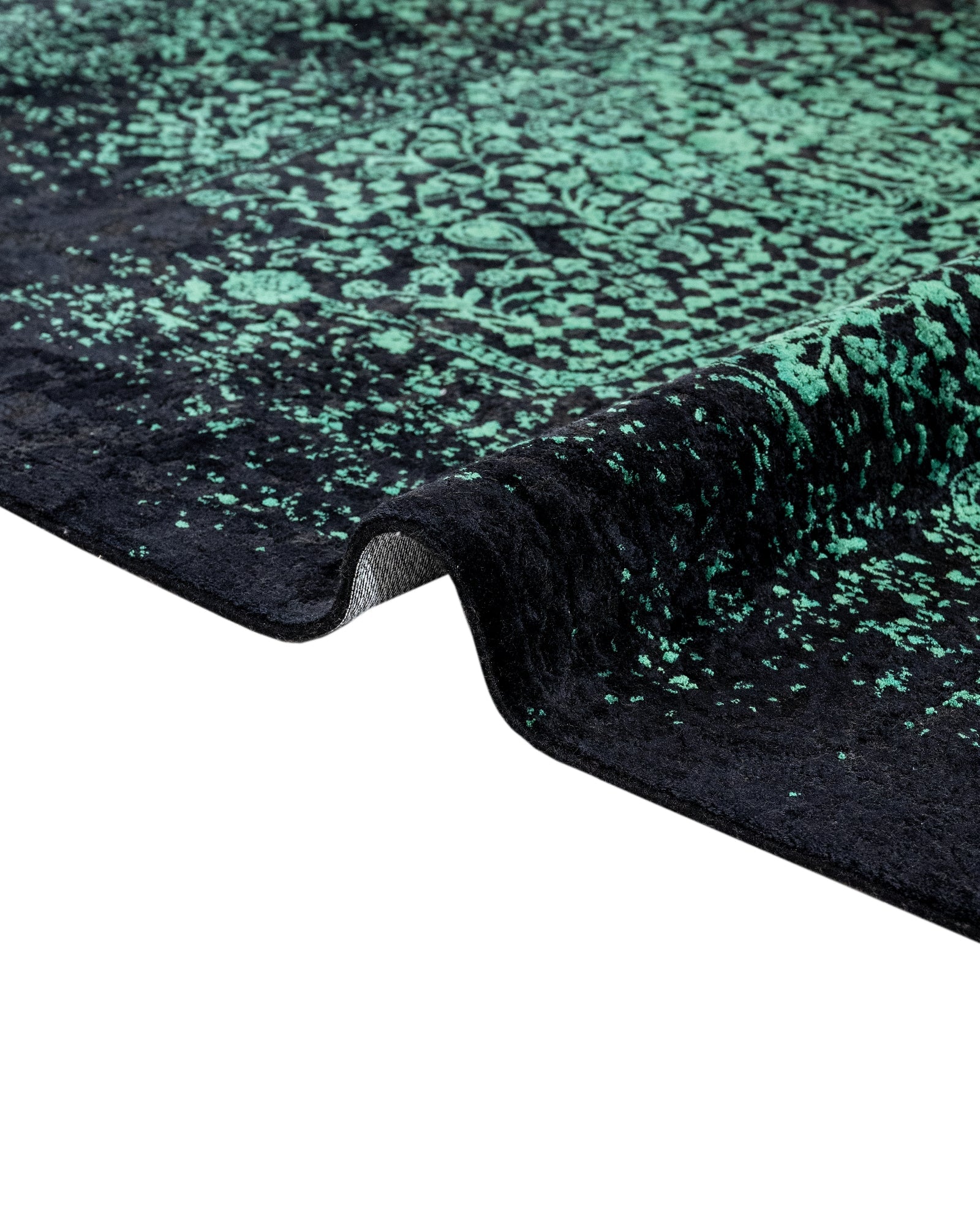 Vintage Viscose Area Rug – Machine Made Green Carpet with Fringed Edges