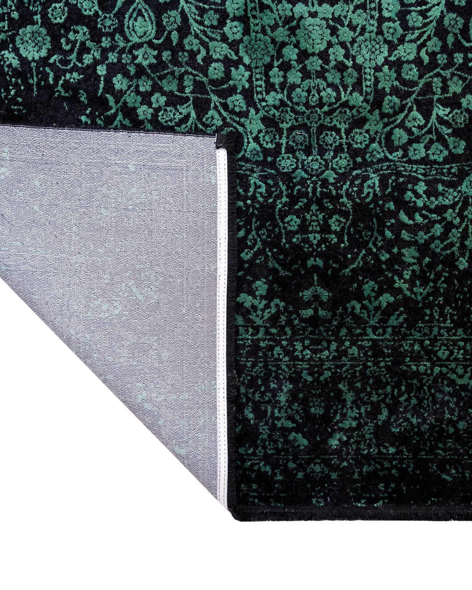 Vintage Viscose Area Rug – Machine Made Green Carpet with Fringed Edges