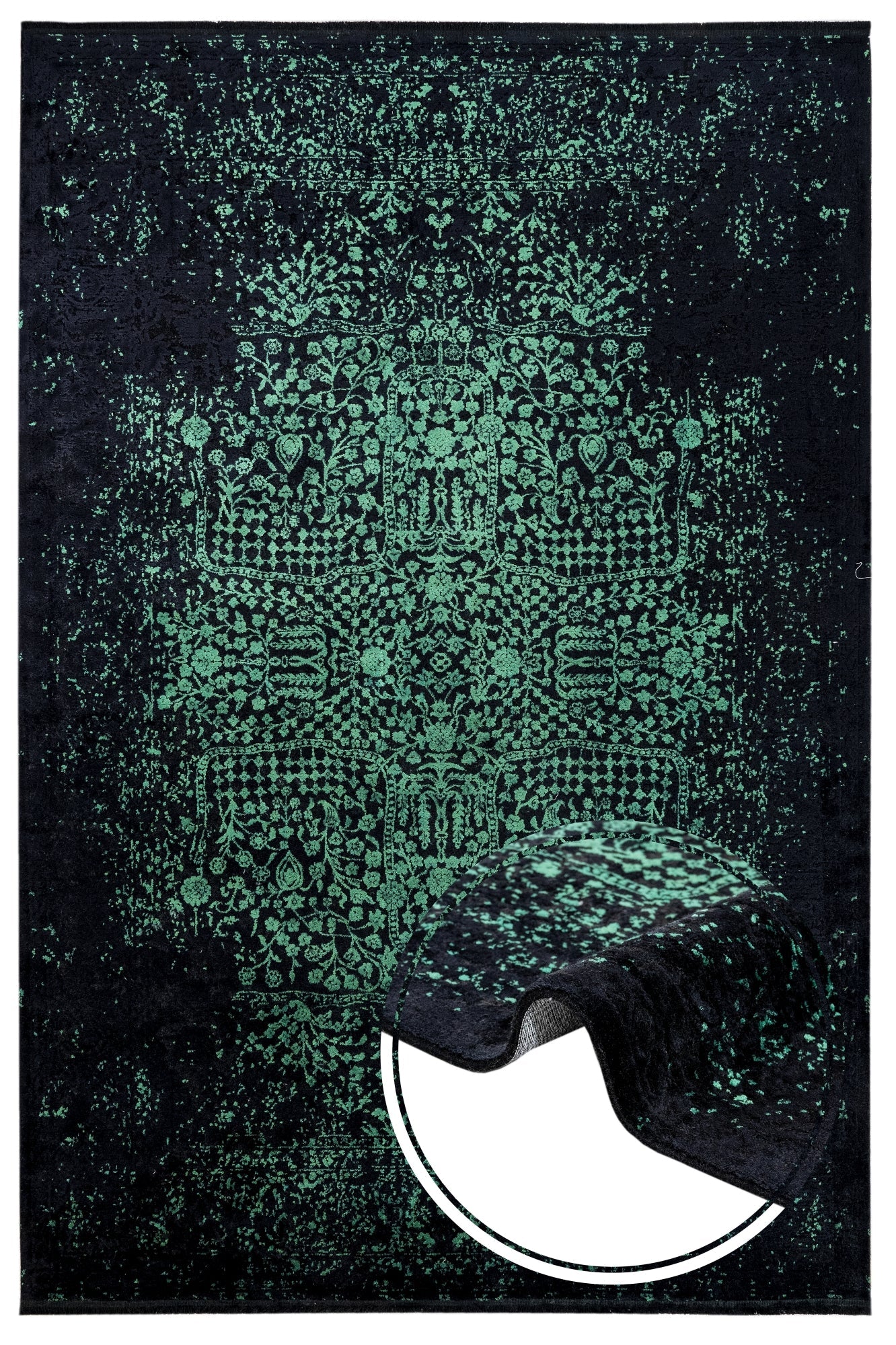 Vintage Viscose Area Rug – Machine Made Green Carpet with Fringed Edges