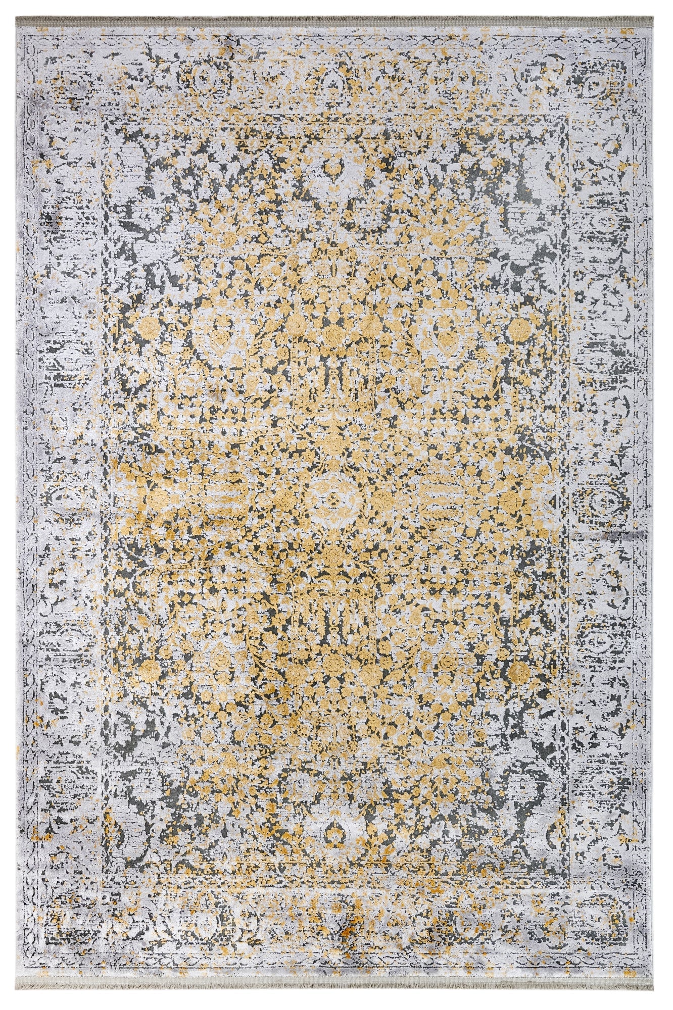 Vintage Viscose Area Rug – Gold Machine Made Rug with Fringed Edges by Artemis