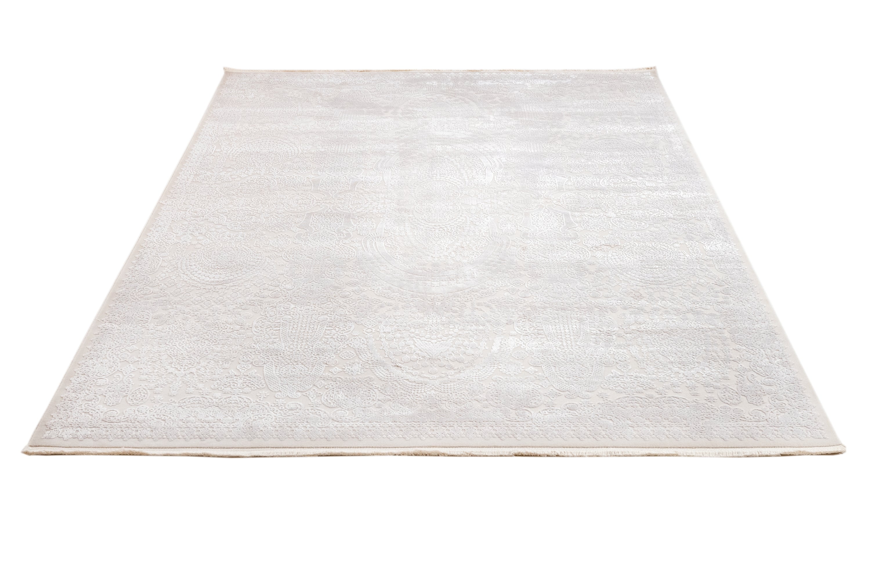 Vintage Viscose Area Rug – Elderberry Cream Machine Made Rug with Fringed Edges