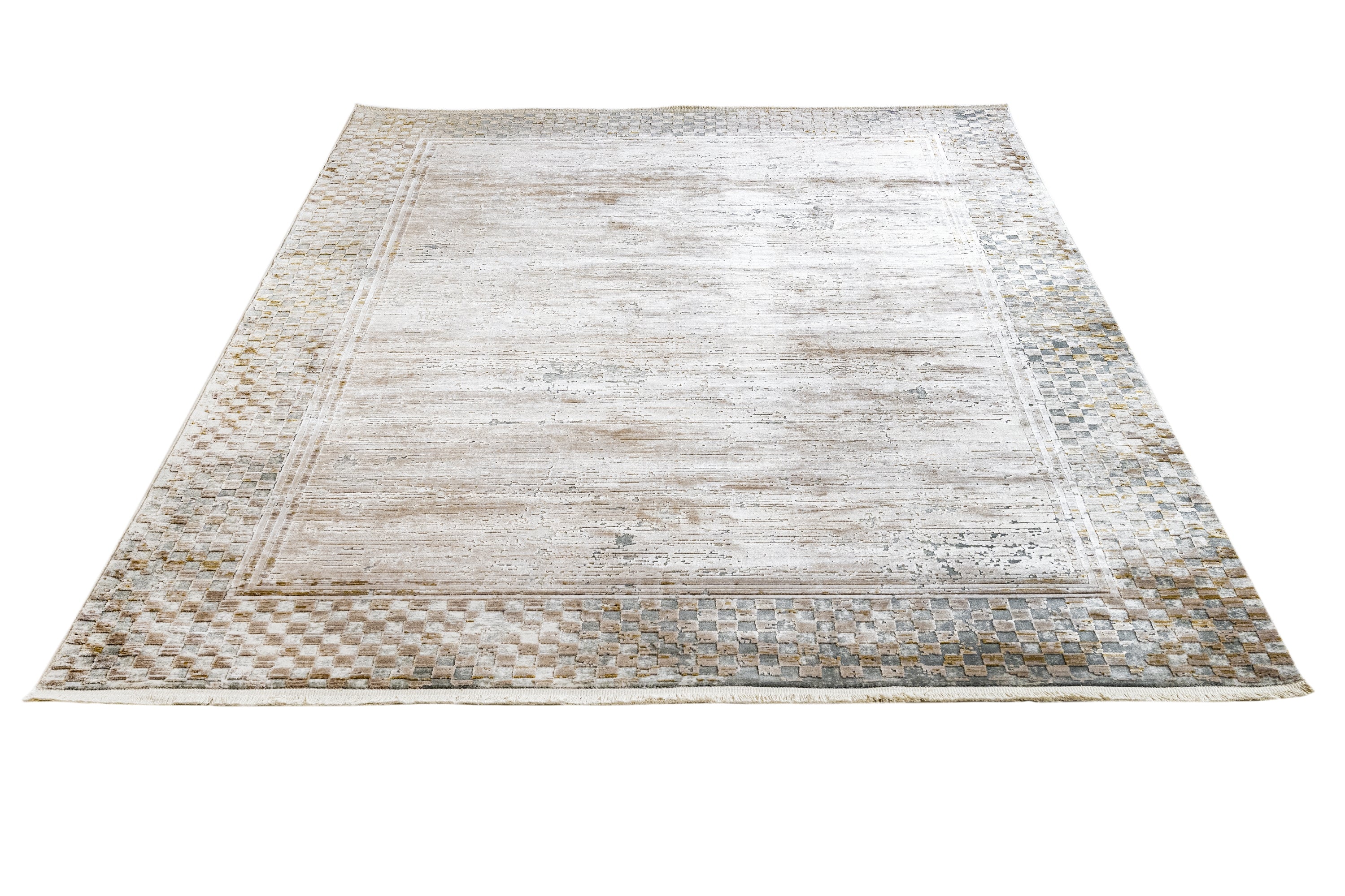 Gold Frame Area Rug – Machine Made Viscose Carpet with Fringed Edges