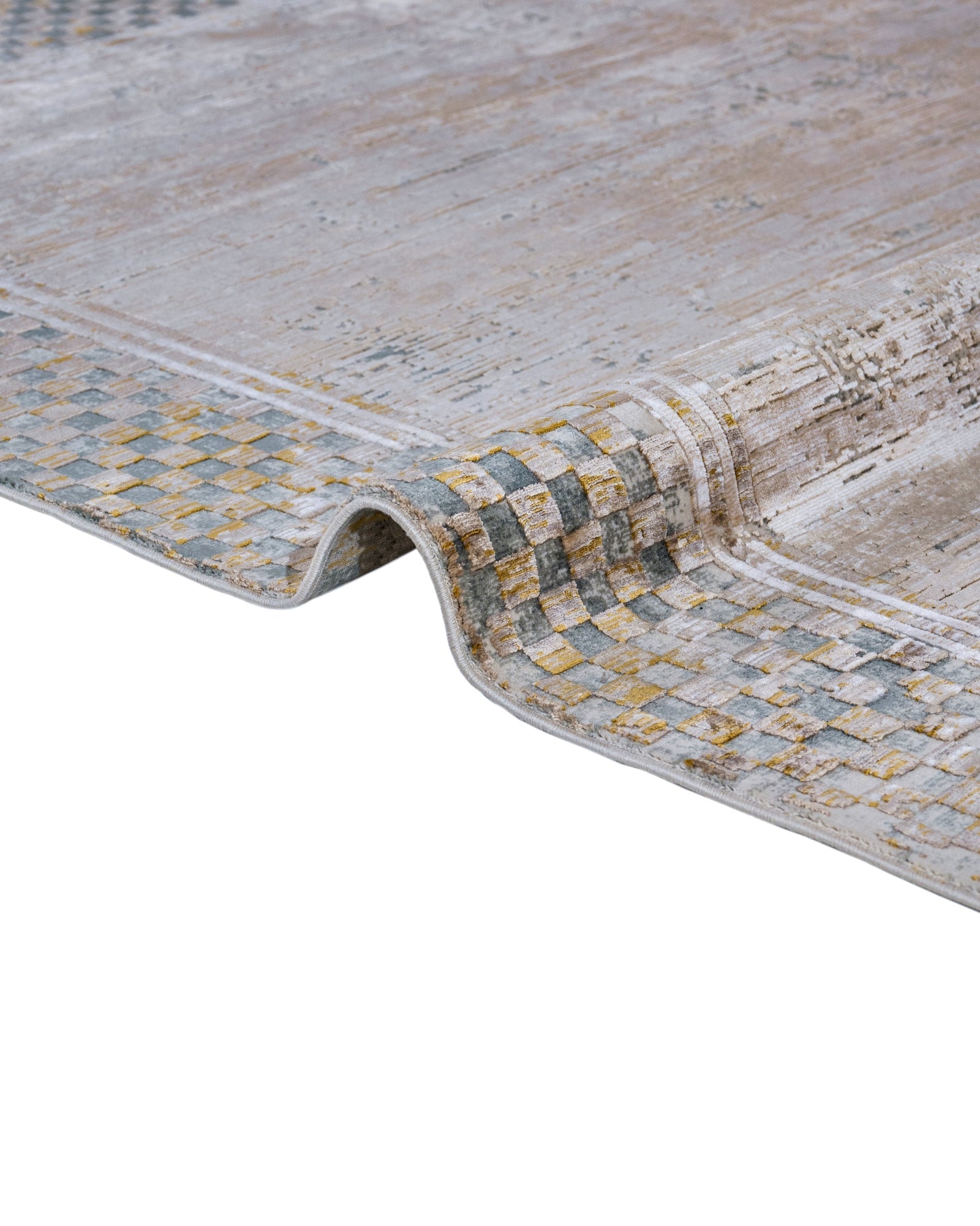 Gold Frame Area Rug – Machine Made Viscose Carpet with Fringed Edges