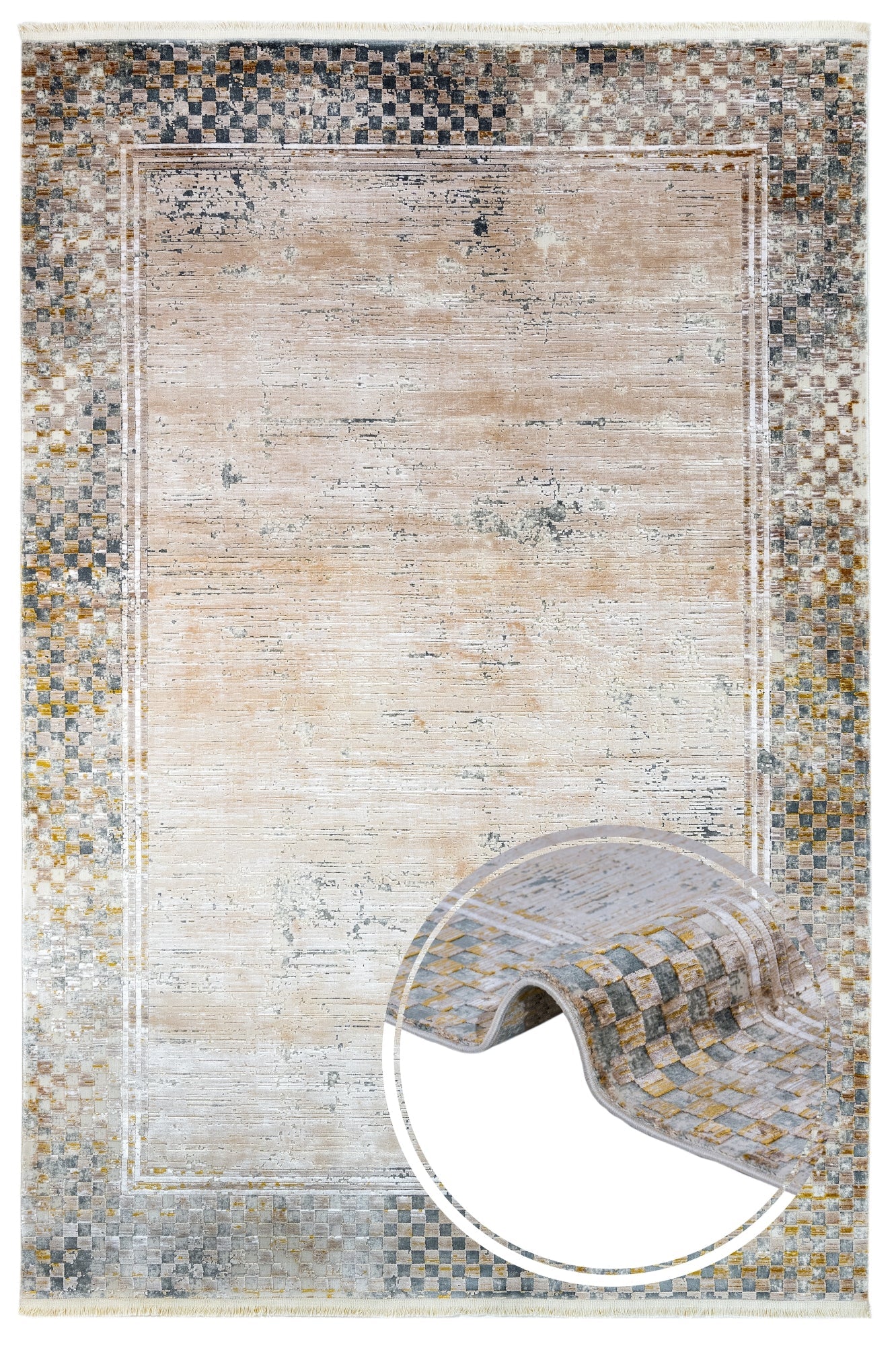 Gold Frame Area Rug – Machine Made Viscose Carpet with Fringed Edges