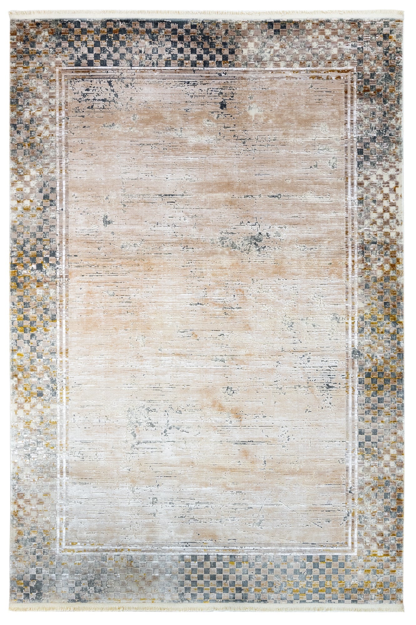 Gold Frame Area Rug – Machine Made Viscose Carpet with Fringed Edges
