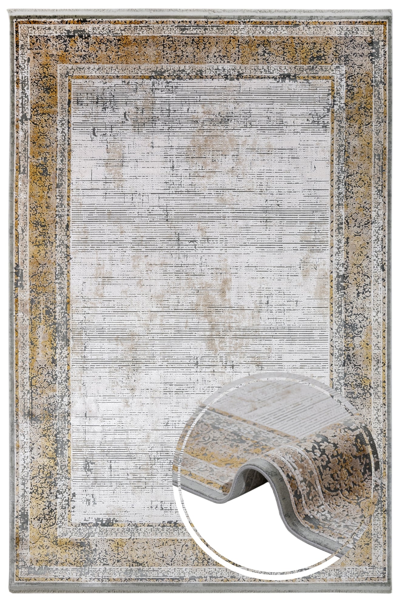 Viscose Area Rug – Gold Frame Machine Made Rug With Fringed Edges