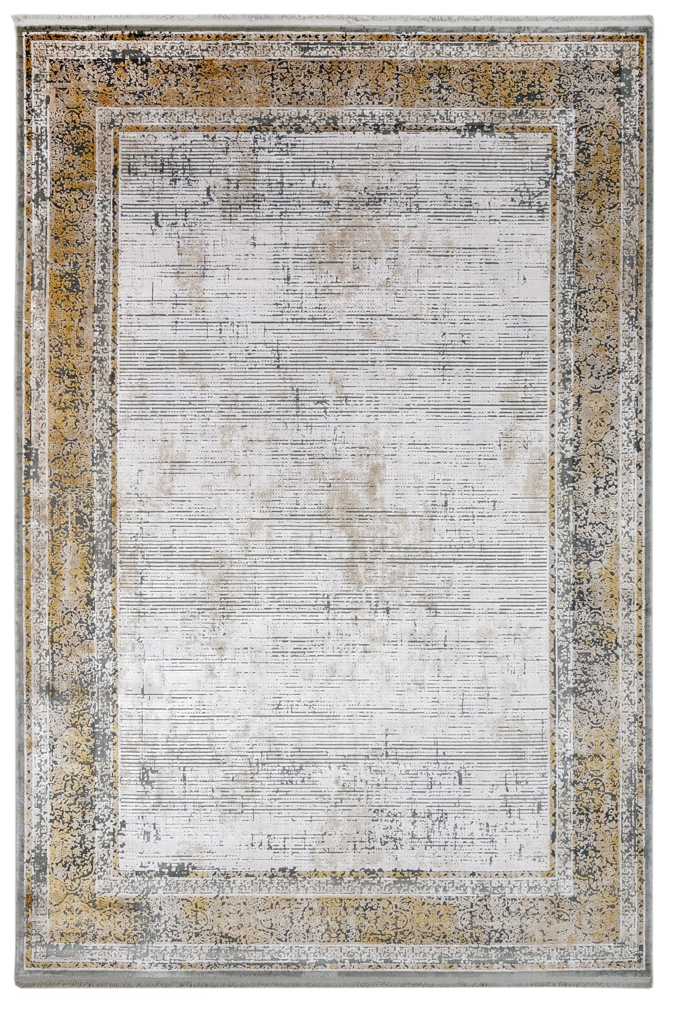 Viscose Area Rug – Gold Frame Machine Made Rug With Fringed Edges