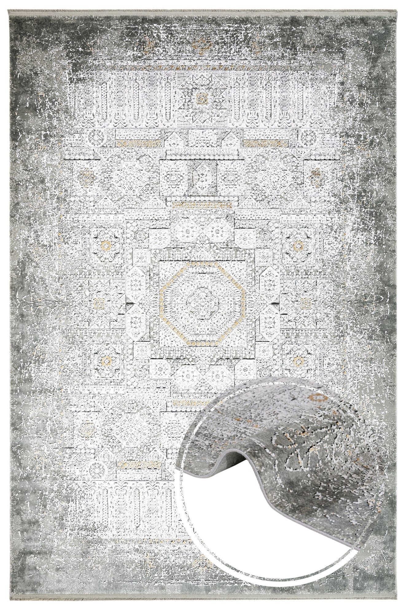 Vintage Viscose Area Rug – Flowering Dogwood Grey Machine Made Carpet With Fringed Edges
