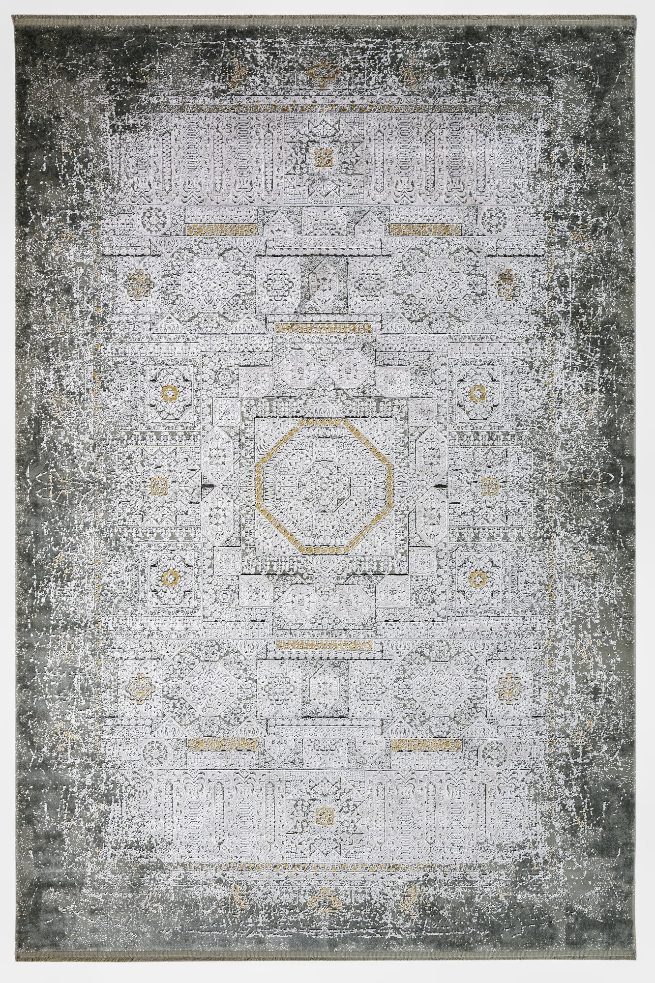 Vintage Viscose Area Rug – Flowering Dogwood Grey Machine Made Carpet With Fringed Edges