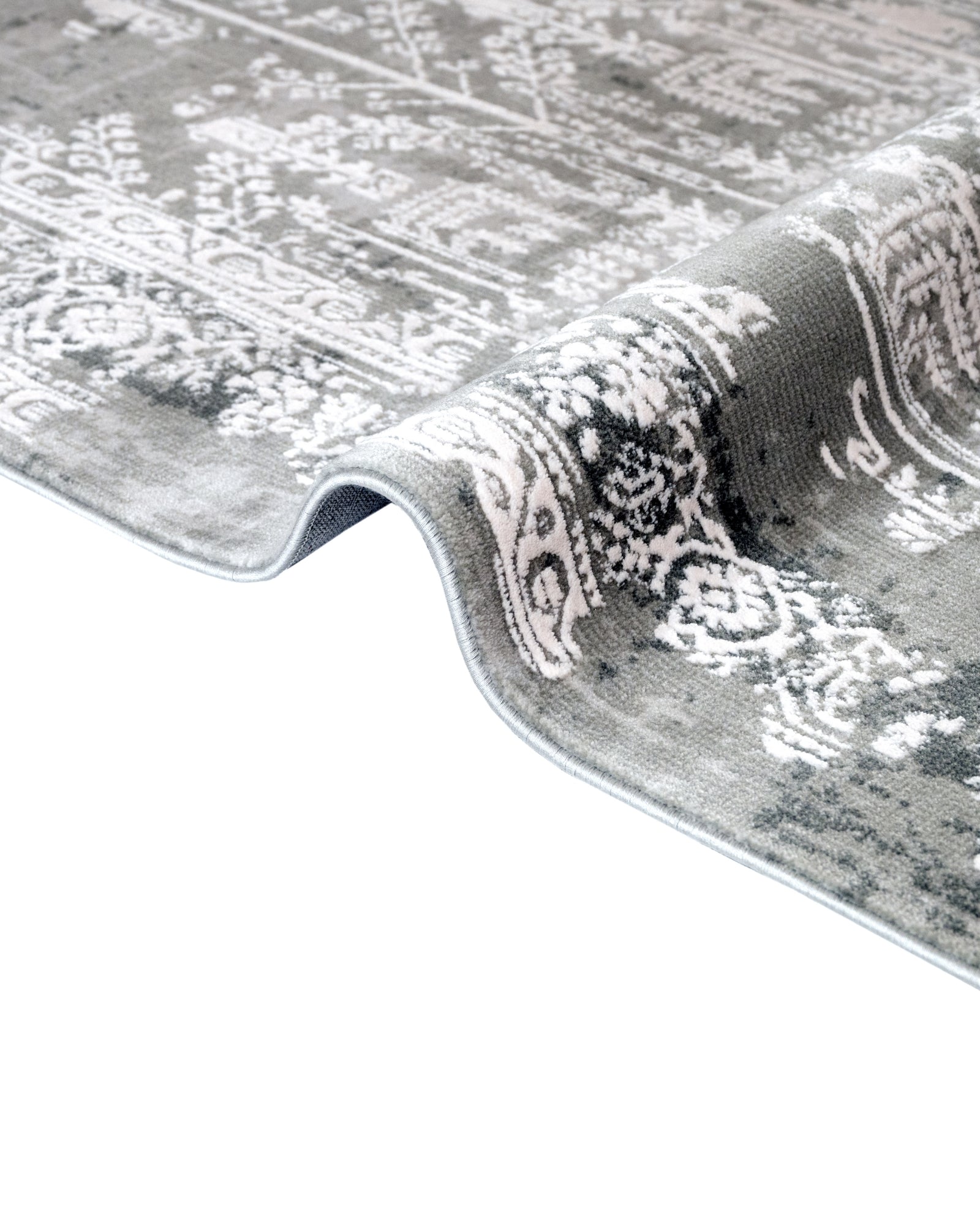 Grey Vintage Area Rug – Machine Made Rug with Fringed Edge for Living Room