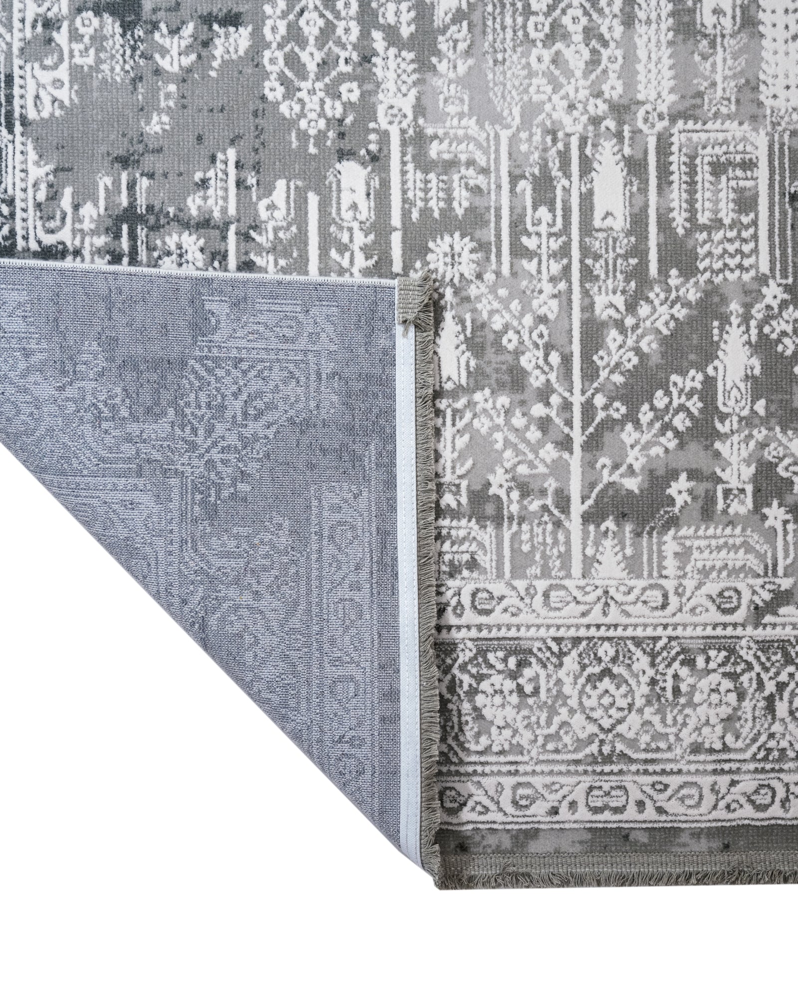 Grey Vintage Area Rug – Machine Made Rug with Fringed Edge for Living Room
